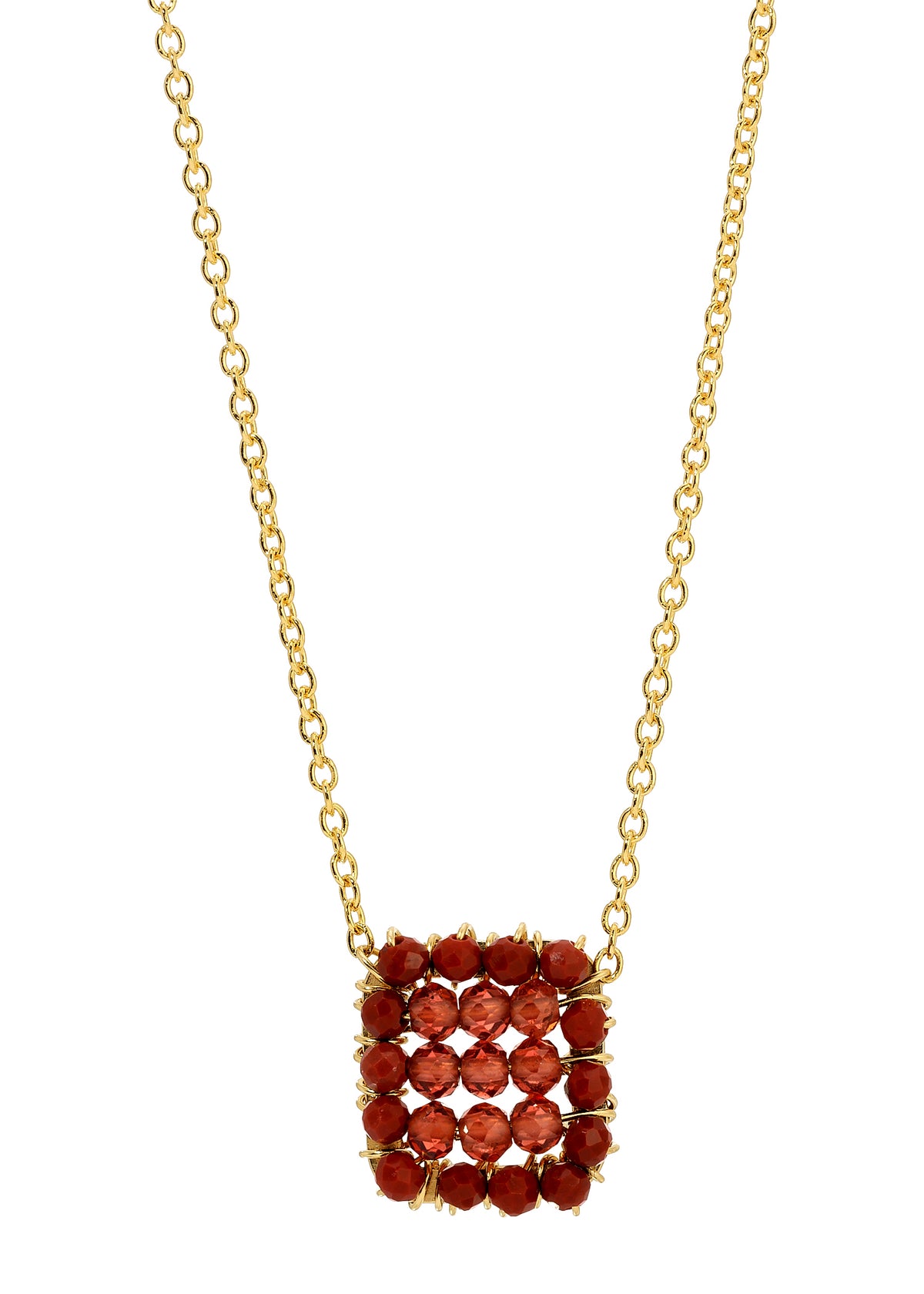 Siena necklace with red jasper seed beads, 14k gold fill chain, and hand wire-wrapped square pendant.