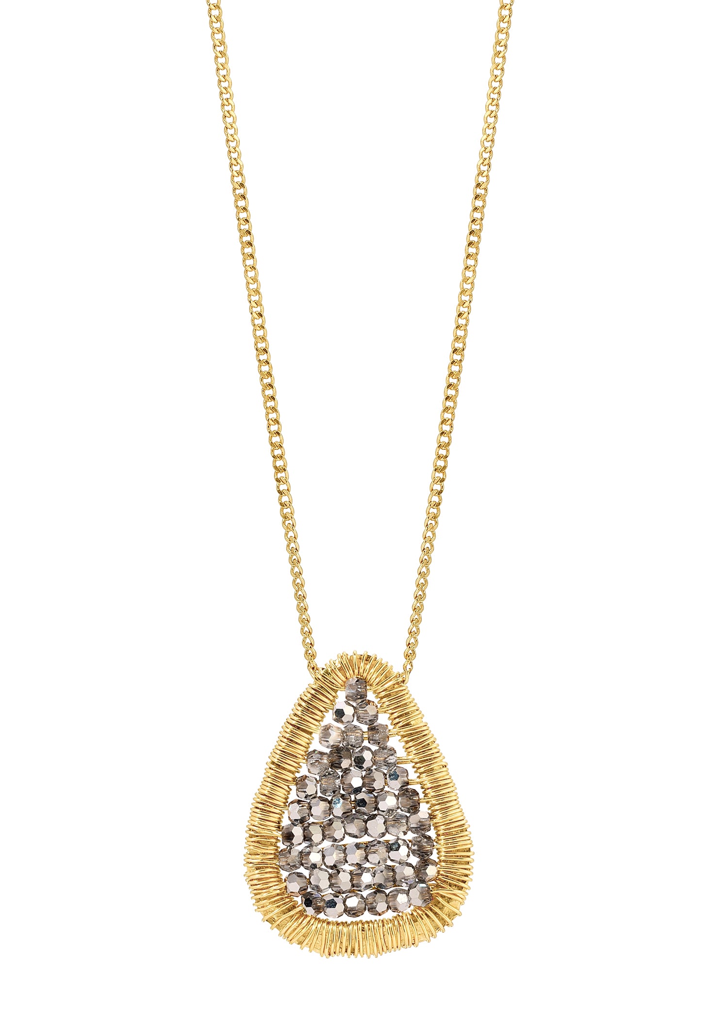 Crystal abacus necklace with silver crystals in a hand wire-wrapped 14k gold fill frame on a matching chain.