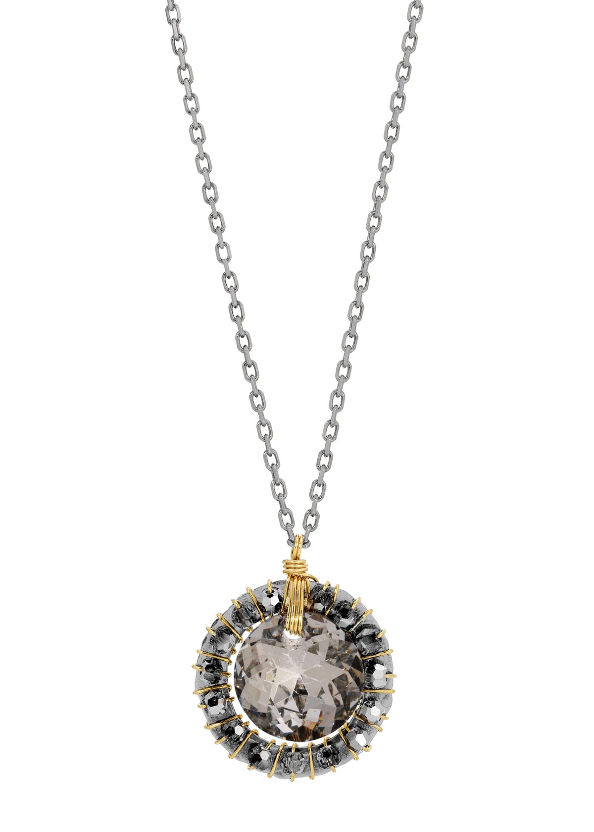 Crystal necklace with sterling silver chain and hand wire-wrapped 14k gold fill accents on a round pendant.