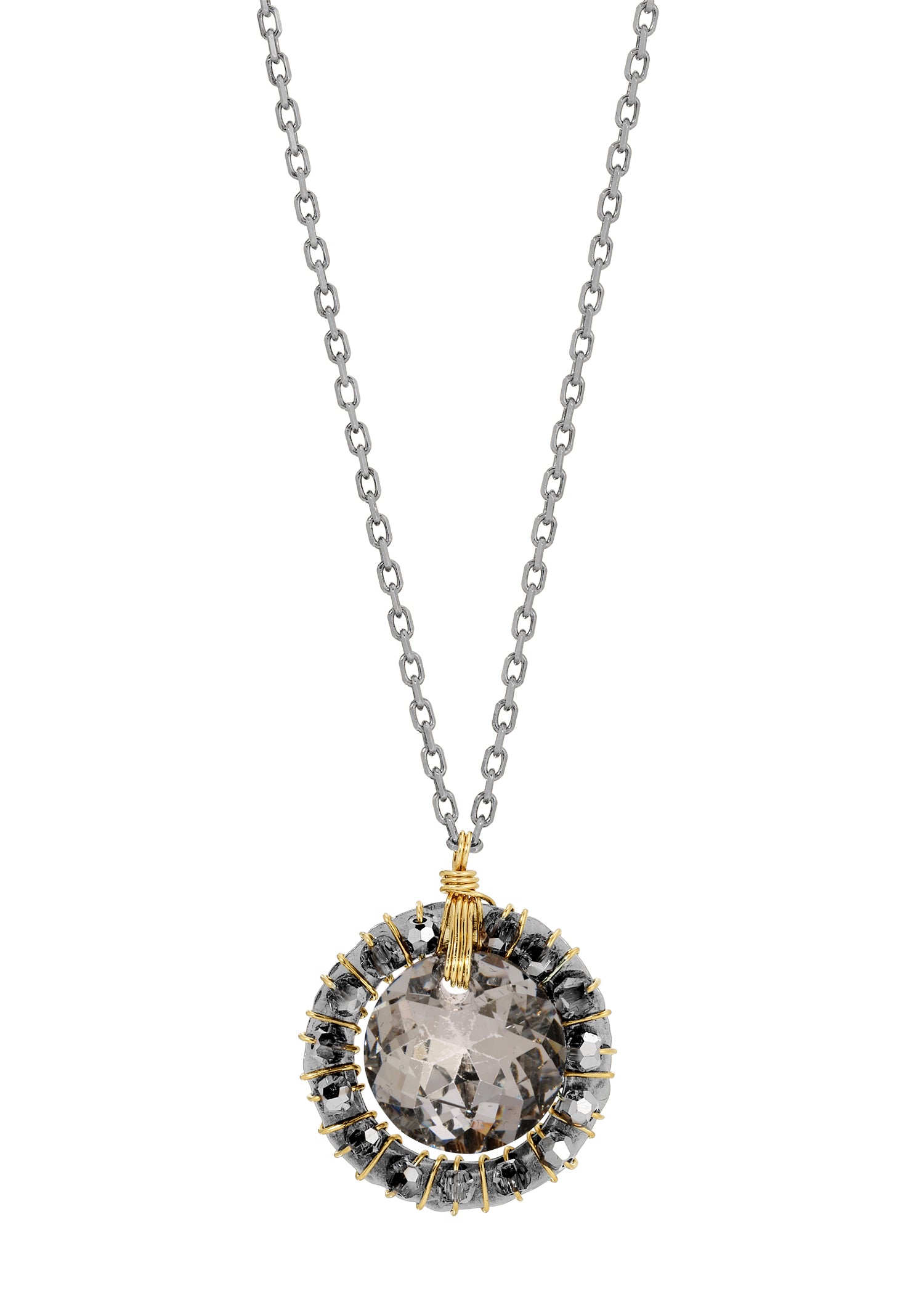 Crystal necklace with sterling silver chain and hand wire-wrapped 14k gold fill accents on a round pendant.