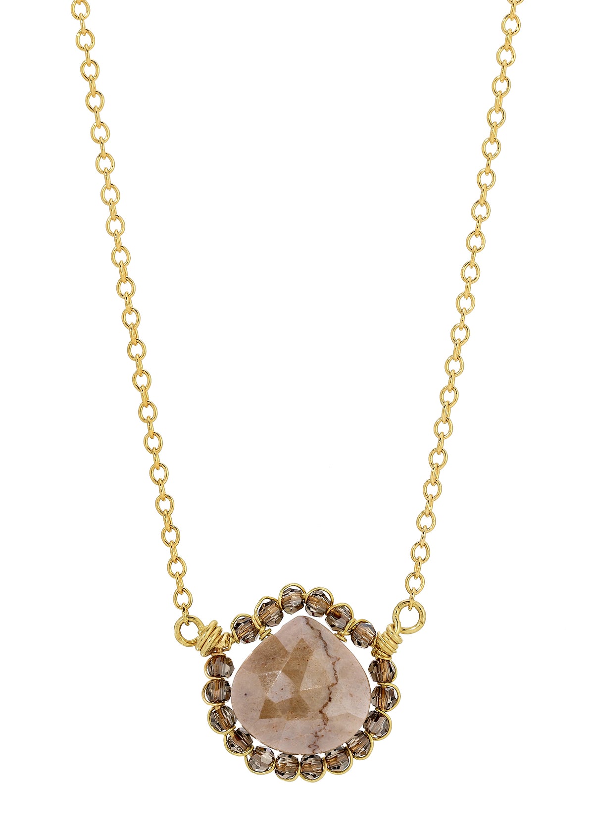Silverite heart necklace with crystal border on a 14k gold fill chain, hand wire-wrapped in a beige and gold design.