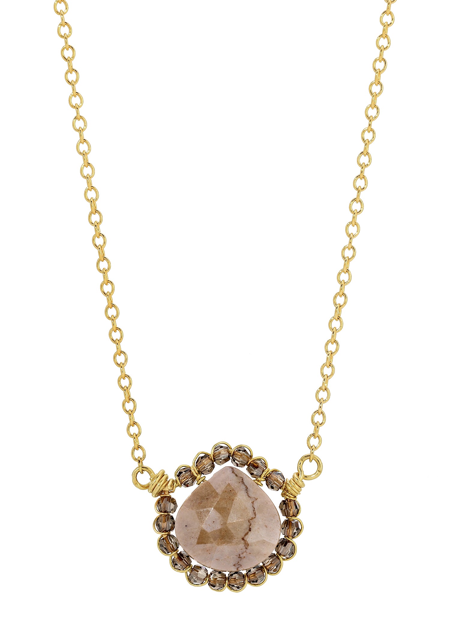 Silverite heart necklace with crystal border on a 14k gold fill chain, hand wire-wrapped in a beige and gold design.