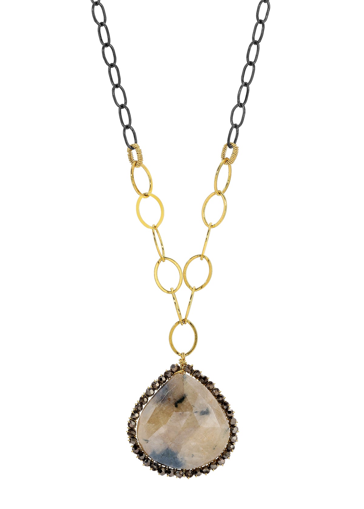 Silverite necklace with crystal border, 14k gold fill and blackened sterling silver mixed chains, hand wire-wrapped.