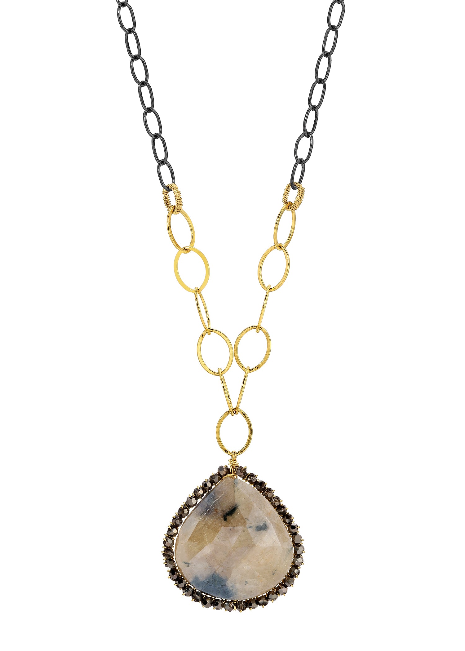 Silverite necklace with crystal border, 14k gold fill and blackened sterling silver mixed chains, hand wire-wrapped.