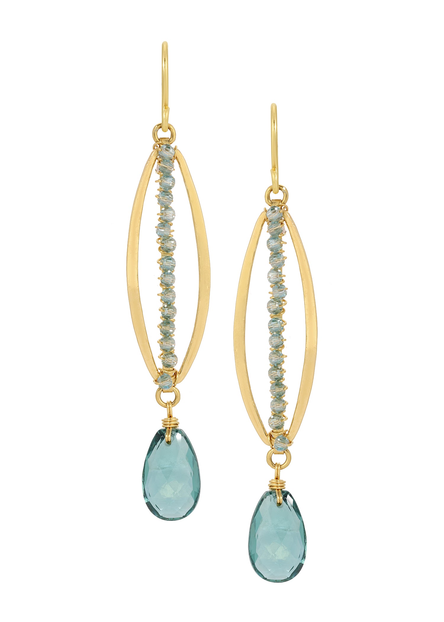 Teal quartz earrings in 14k gold fill with elongated marquis frames and hand wire-wrapped light teal crystal accents.