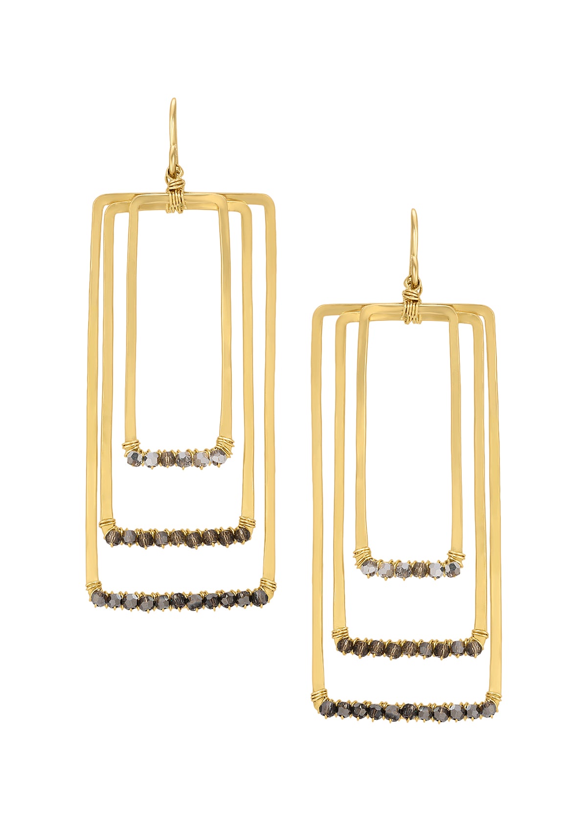 Crystal earrings in 14k gold fill with triple graduated rectangular frames and hand wire-wrapped tonal crystal accents.