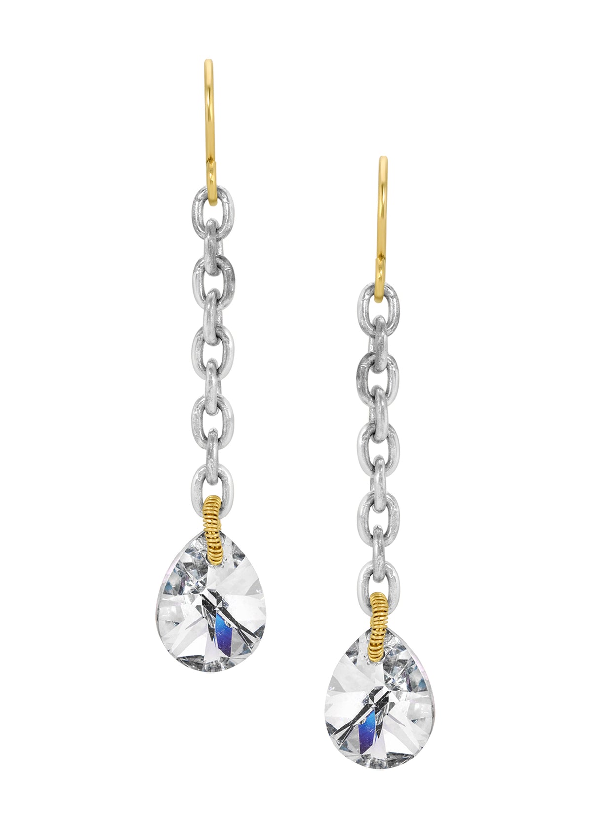 Crystal drop earrings with 14k gold fill and sterling silver chain, featuring hand wire-wrapped stones.