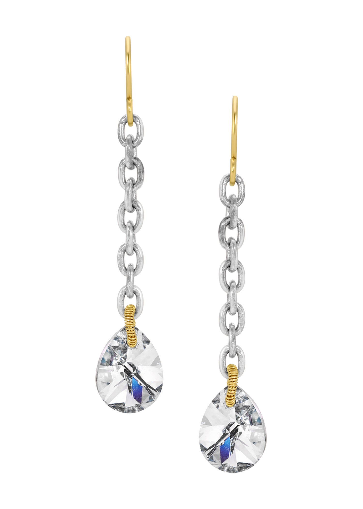 Crystal drop earrings with 14k gold fill and sterling silver chain, featuring hand wire-wrapped stones.