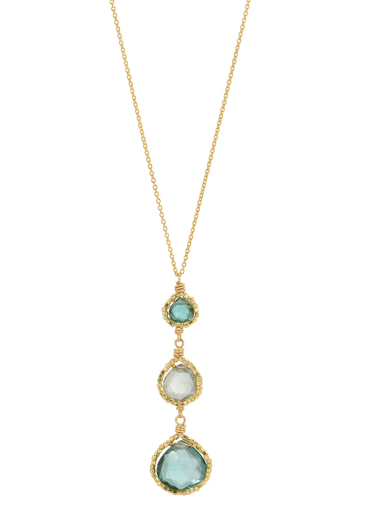 Necklace with teal, green, and aqua quartz in hand wire-wrapped 14k gold fill bead frames on a delicate chain.