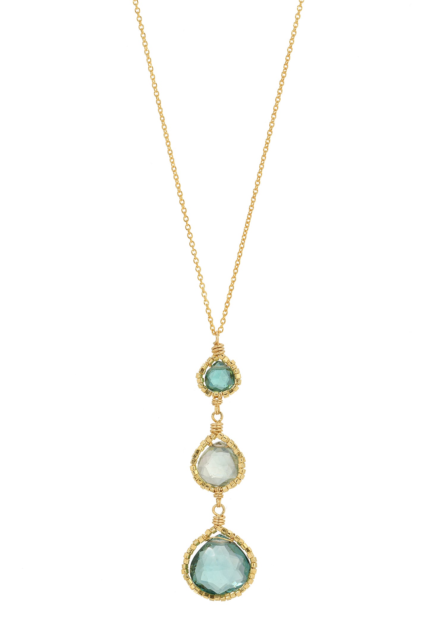 Necklace with teal, green, and aqua quartz in hand wire-wrapped 14k gold fill bead frames on a delicate chain.