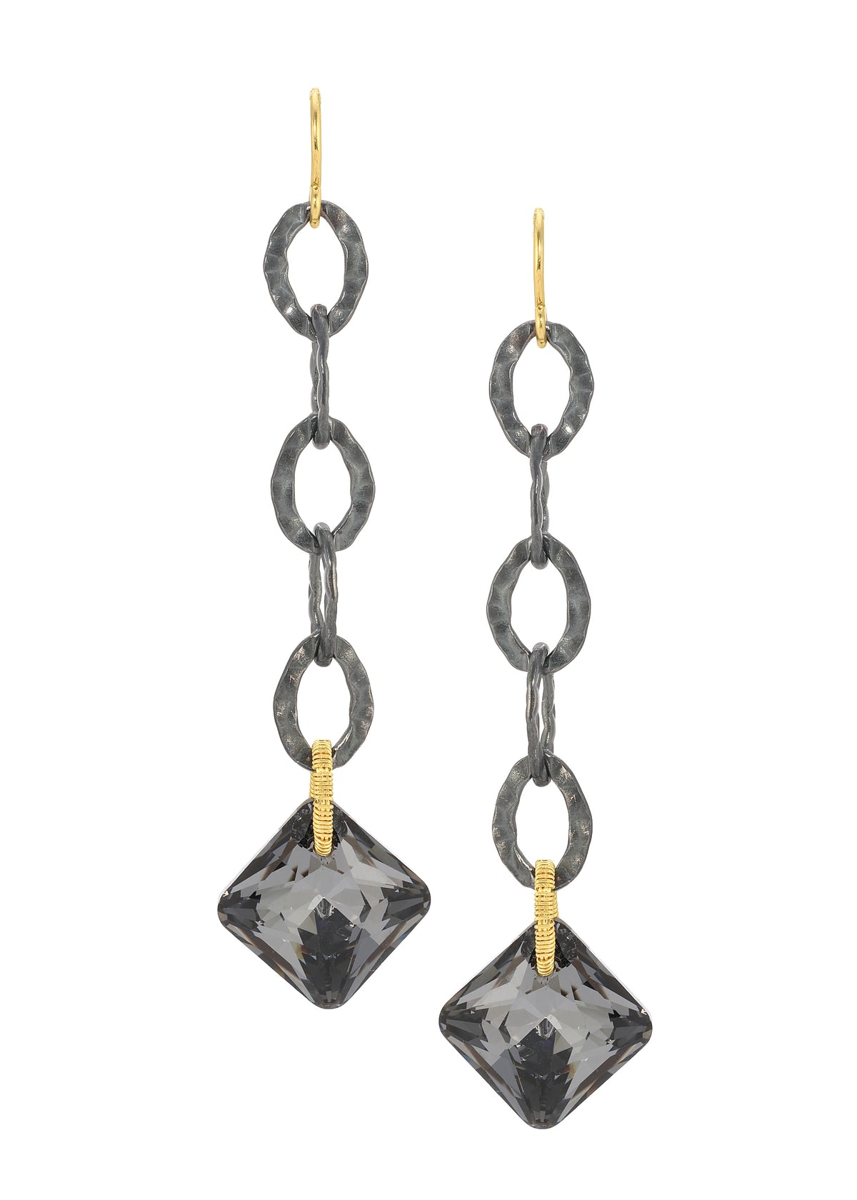 Charcoal crystal earrings with hand wire-wrapped 14k gold fill and blackened sterling silver chunky chain links.