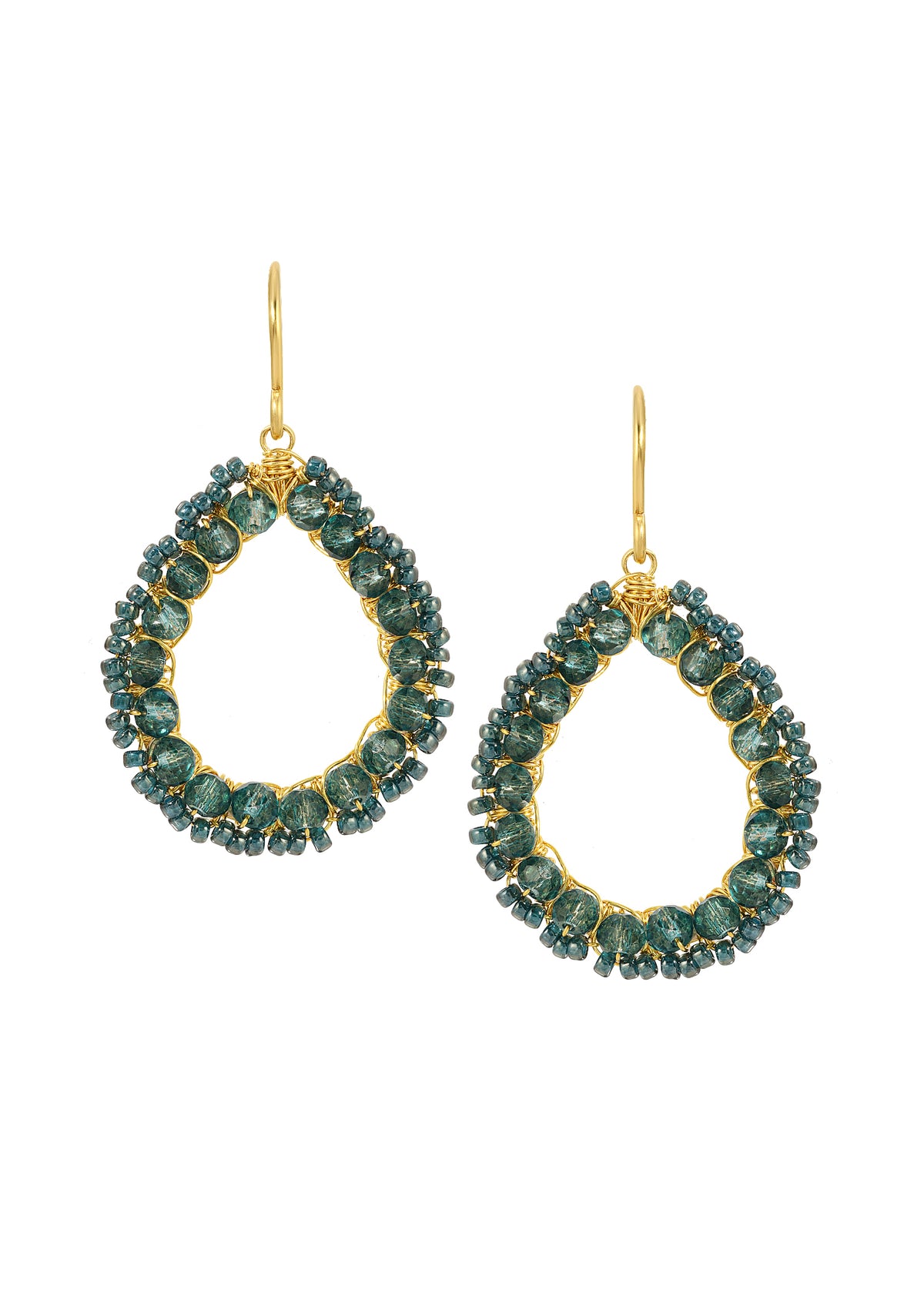 Teal cluster hoop earrings with London blue quartz, 14k gold fill, and hand wire-wrapped seed beads in a teardrop shape.