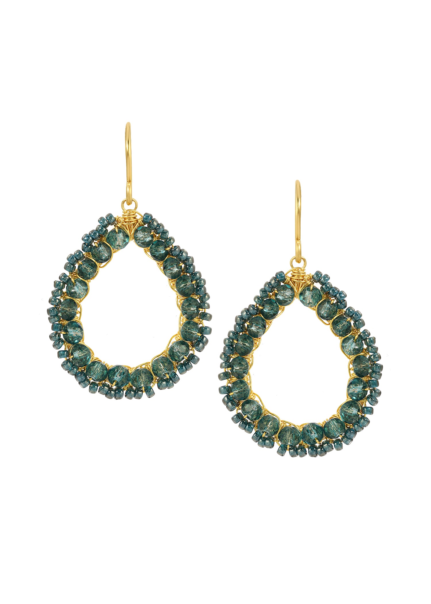 Teal cluster hoop earrings with London blue quartz, 14k gold fill, and hand wire-wrapped seed beads in a teardrop shape.