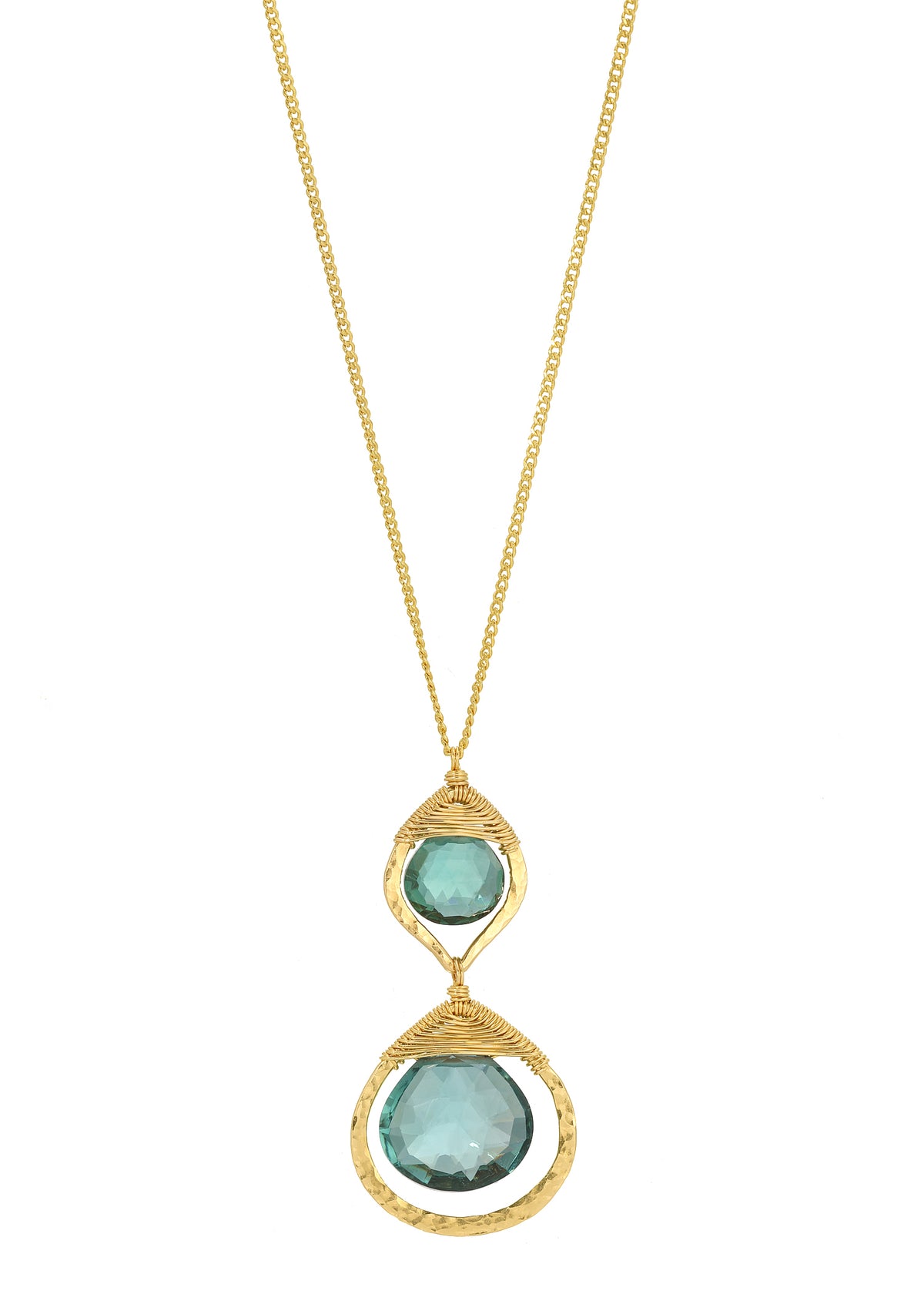 Teal and aqua quartz necklace with hand wire-wrapped briolettes in 14k gold fill cocoon frames on a delicate curb chain.