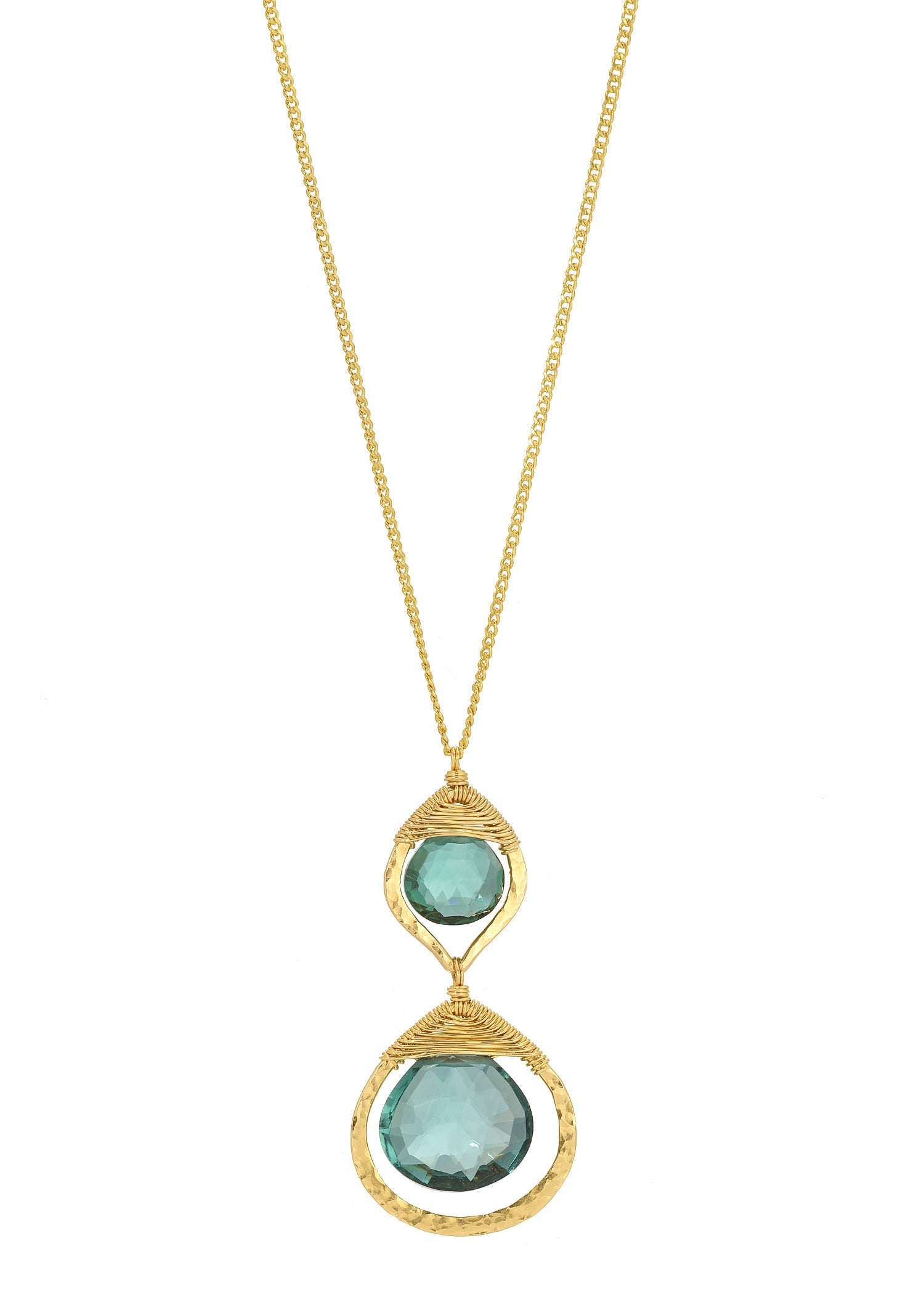 Teal and aqua quartz necklace with hand wire-wrapped briolettes in 14k gold fill cocoon frames on a delicate curb chain.