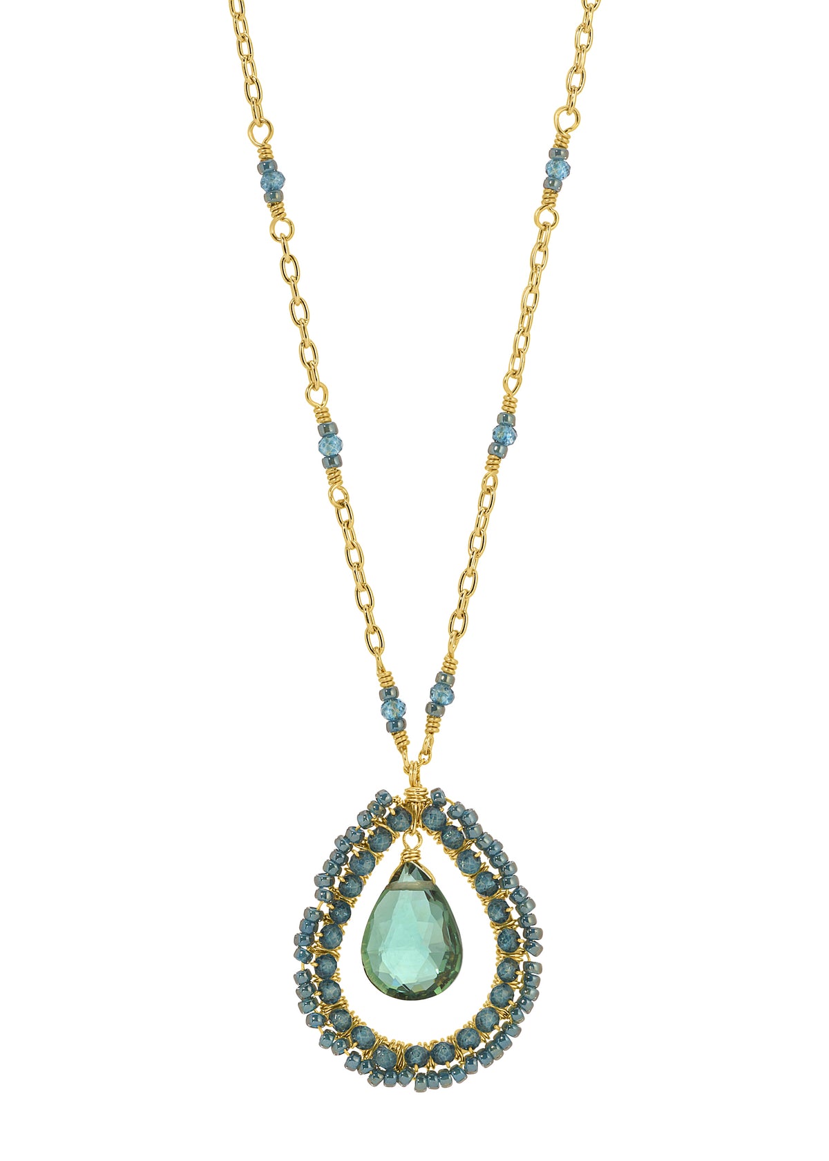 Green quartz and London blue quartz necklace in 14k gold fill with hand wire-wrapped seed beads on a cable chain.