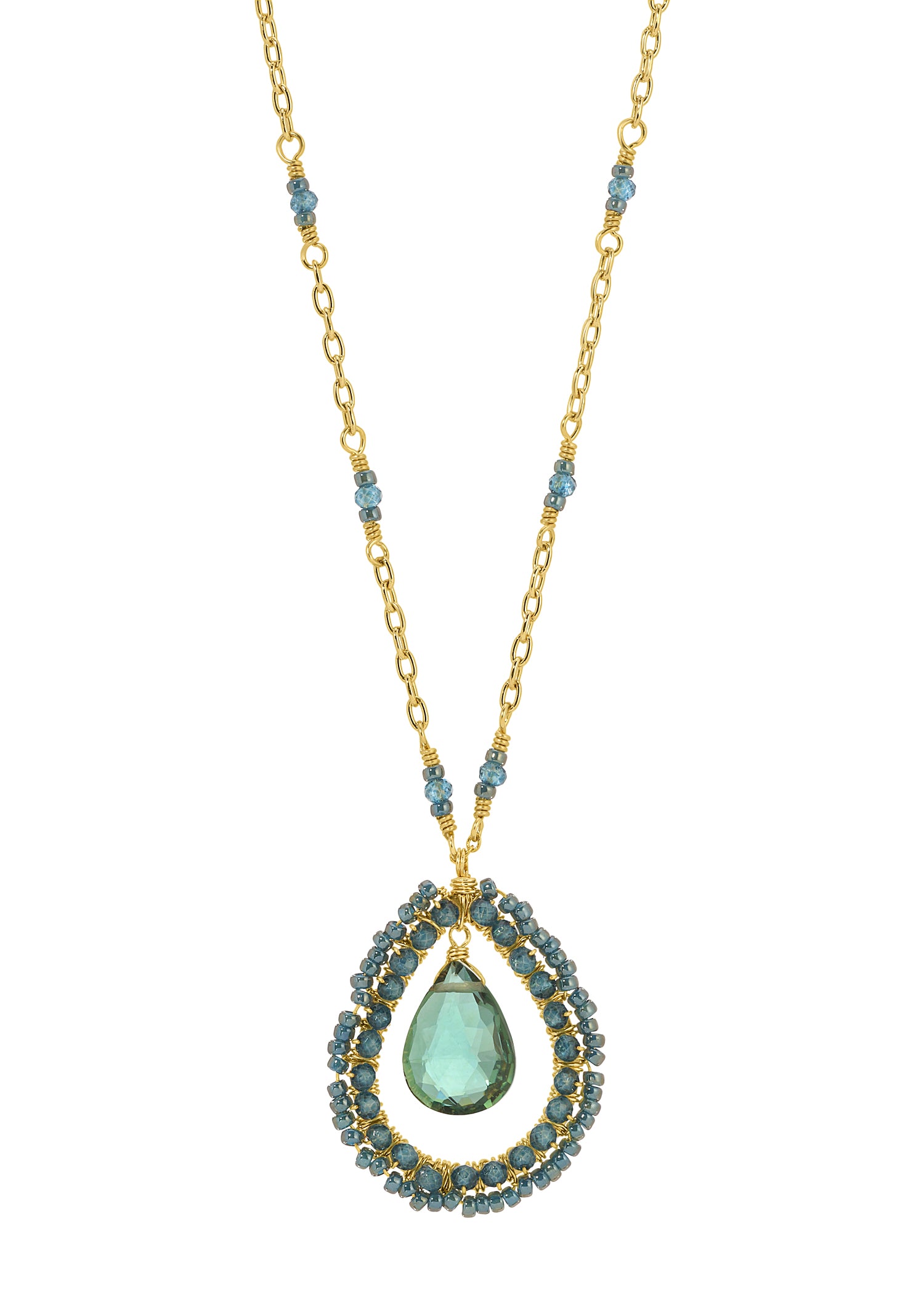 Green quartz and London blue quartz necklace in 14k gold fill with hand wire-wrapped seed beads on a cable chain.