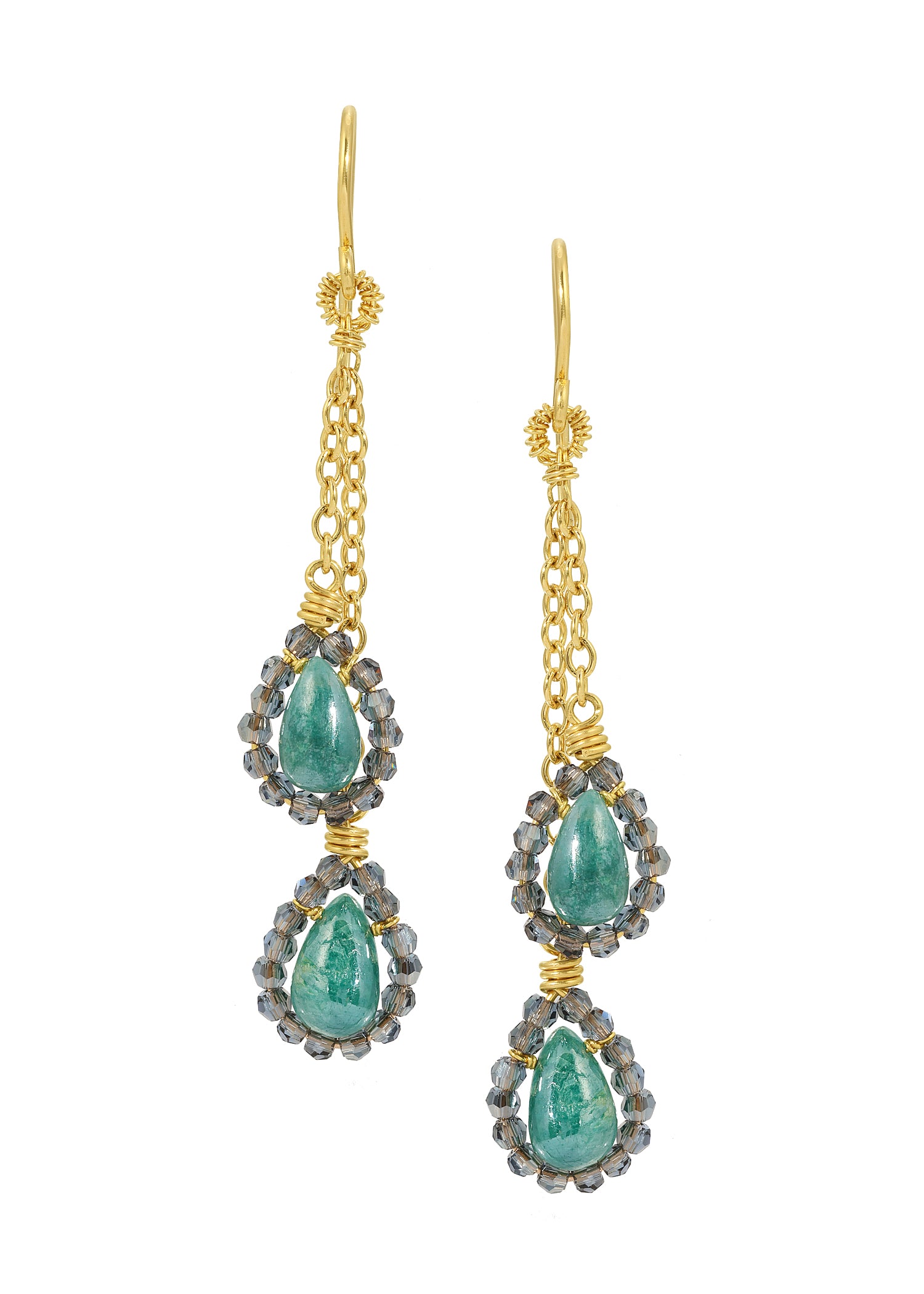 Teal silverite tassel earrings in 14k gold fill with crystal accents and hand wire-wrapped teardrop stones.