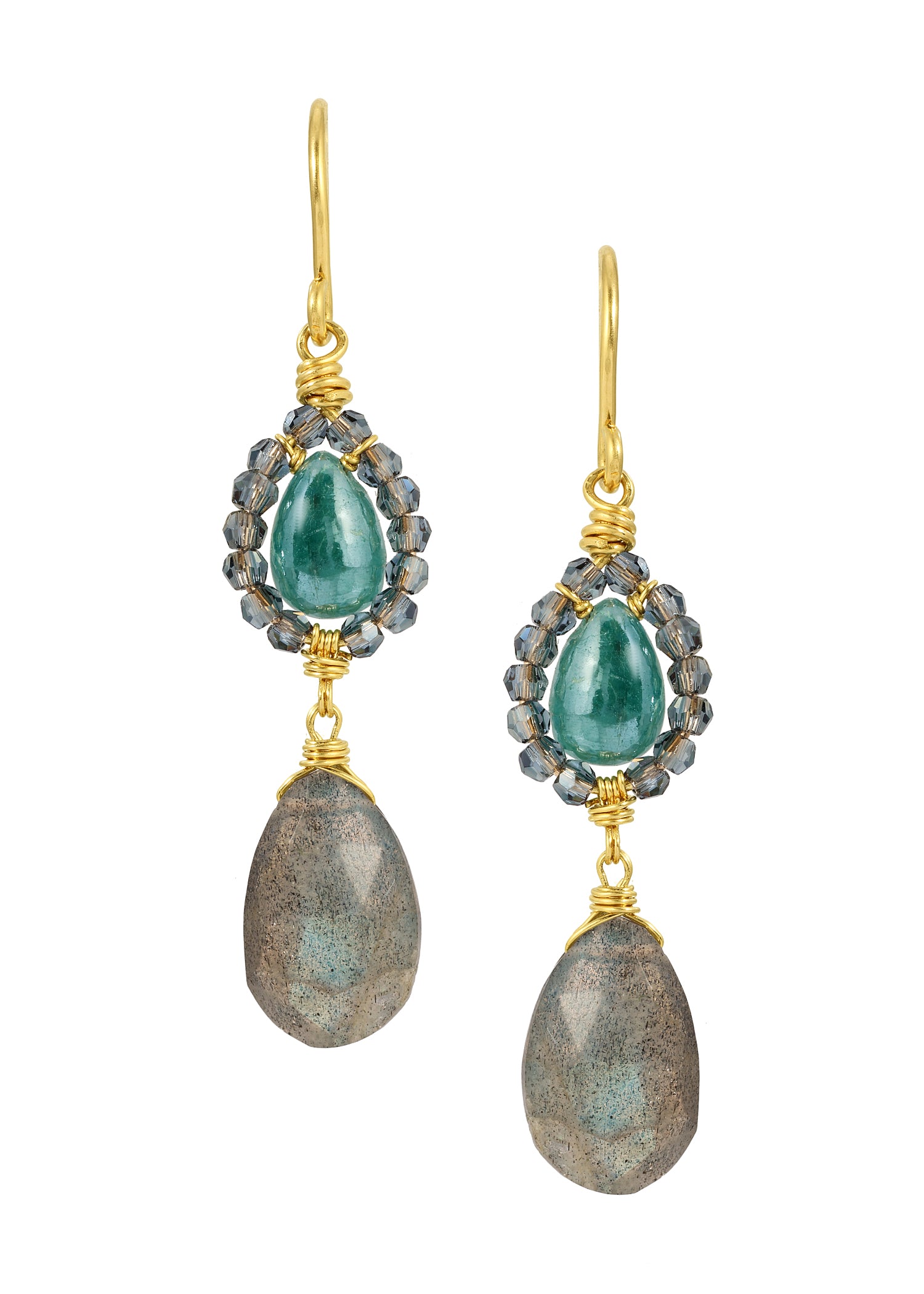Teal silverite and labradorite teardrop earrings in 14k gold fill with hand wire-wrapped crystal accents.