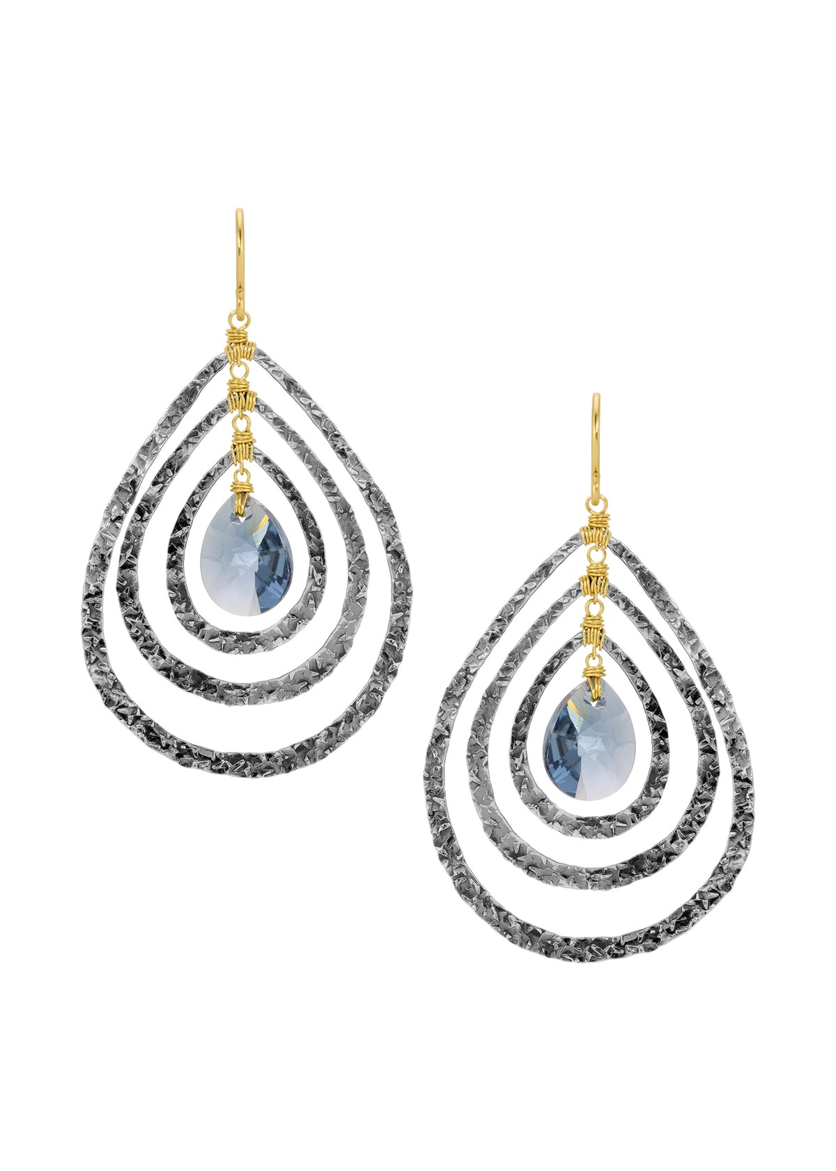 Blue crystal hoop earrings with textured sterling silver, hand wire-wrapped with 14k gold fill accents.