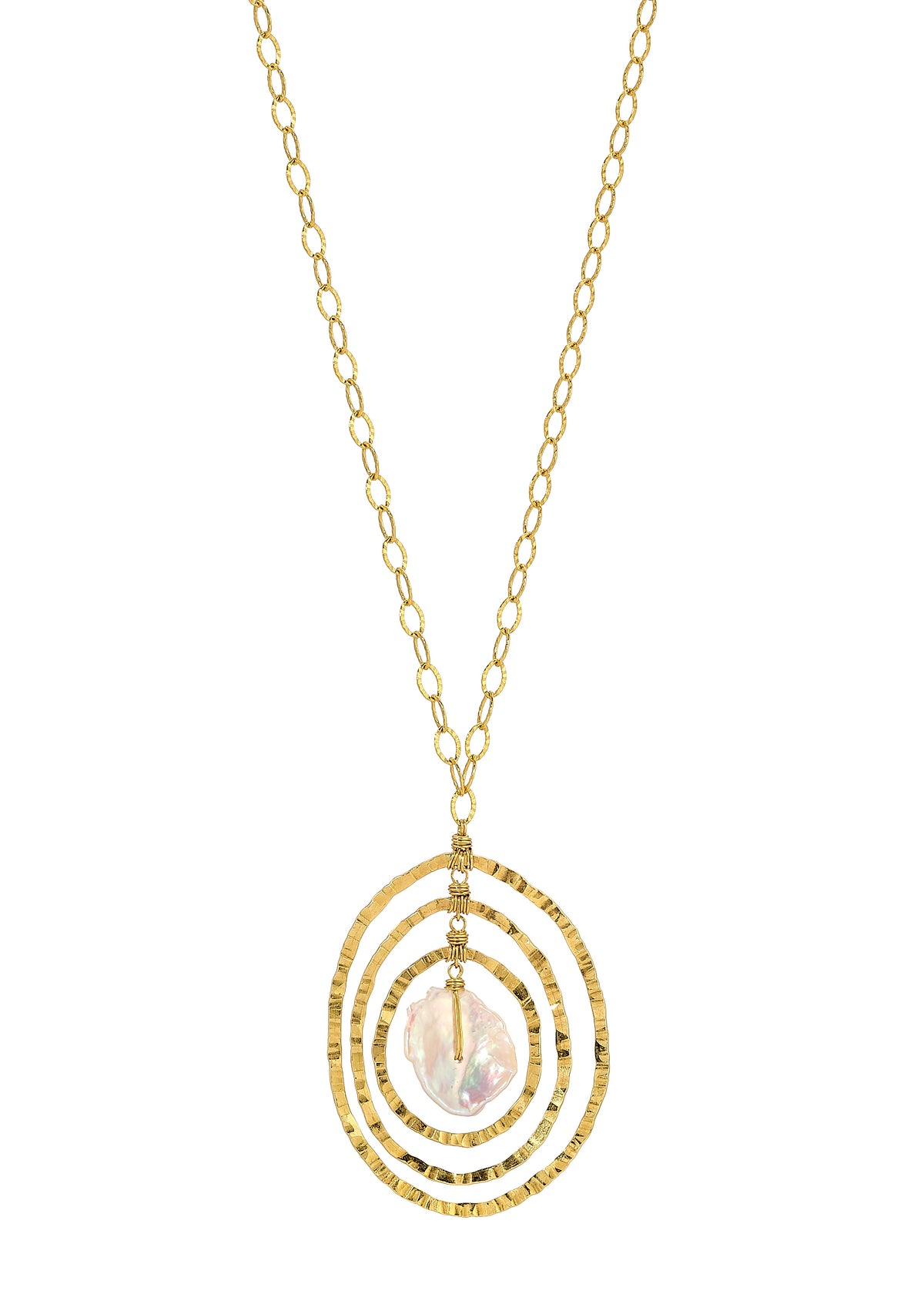 Freshwater pearl necklace in 14k gold fill with three hand-textured, organically shaped rings and hand wire-wrapped detail.