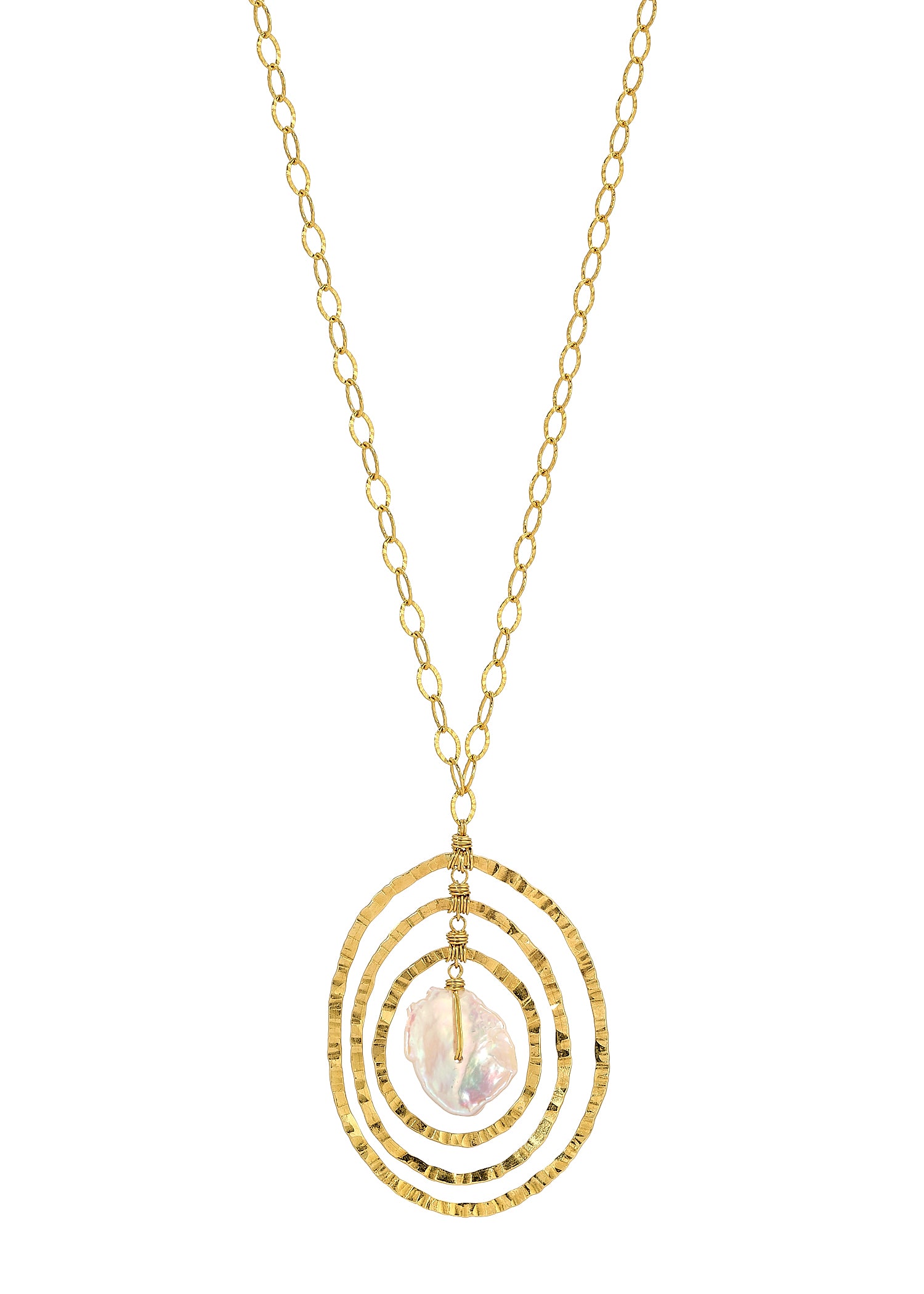 Freshwater pearl necklace in 14k gold fill with three hand-textured, organically shaped rings and hand wire-wrapped detail.