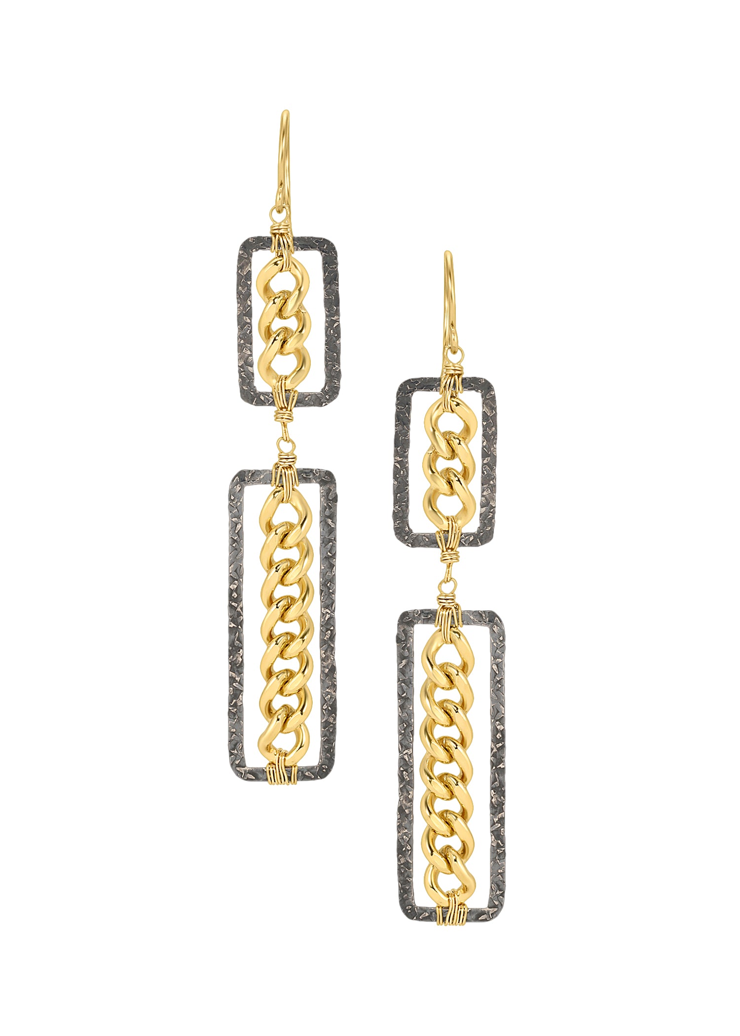 Double earrings in 14k gold fill and blackened sterling silver with hand wire-wrapped rectangular curb chain links.