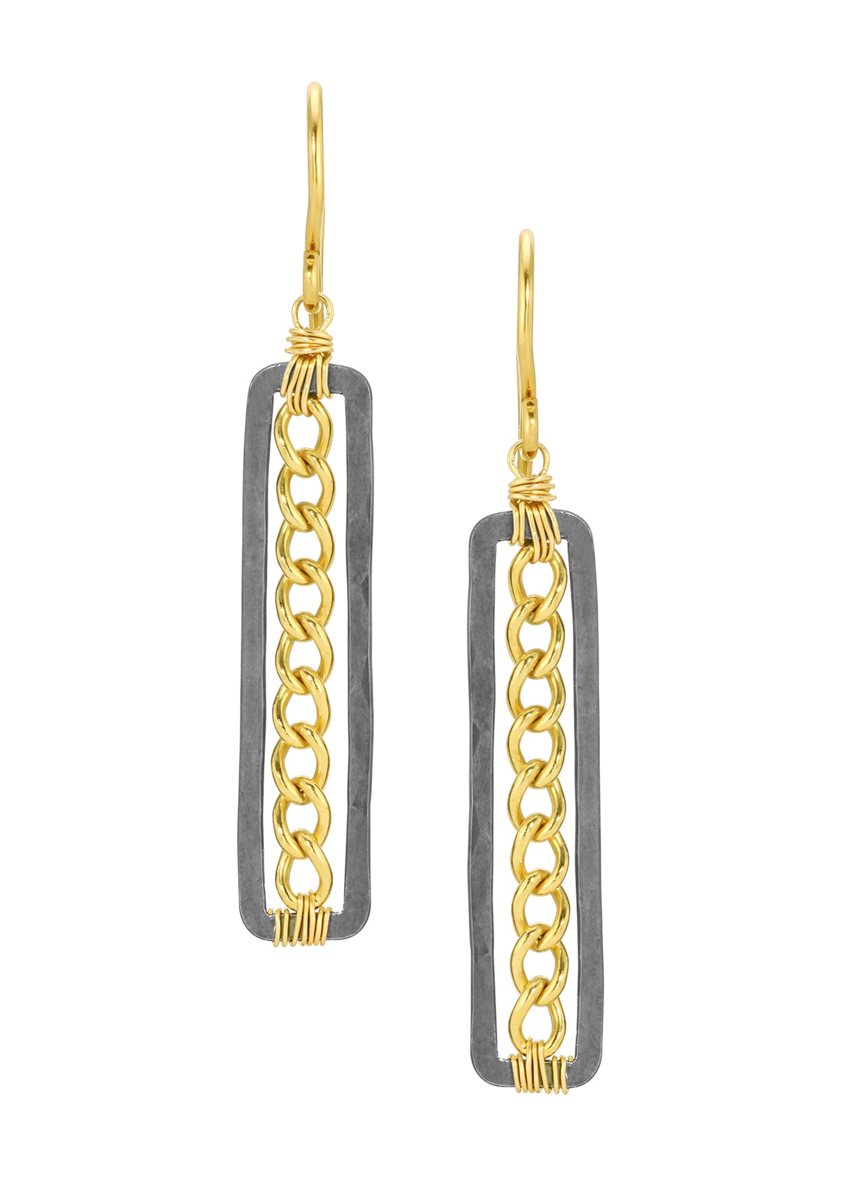 Through Line earrings in 14k gold fill and blackened sterling silver with hand wire-wrapped rectangular curb chain.