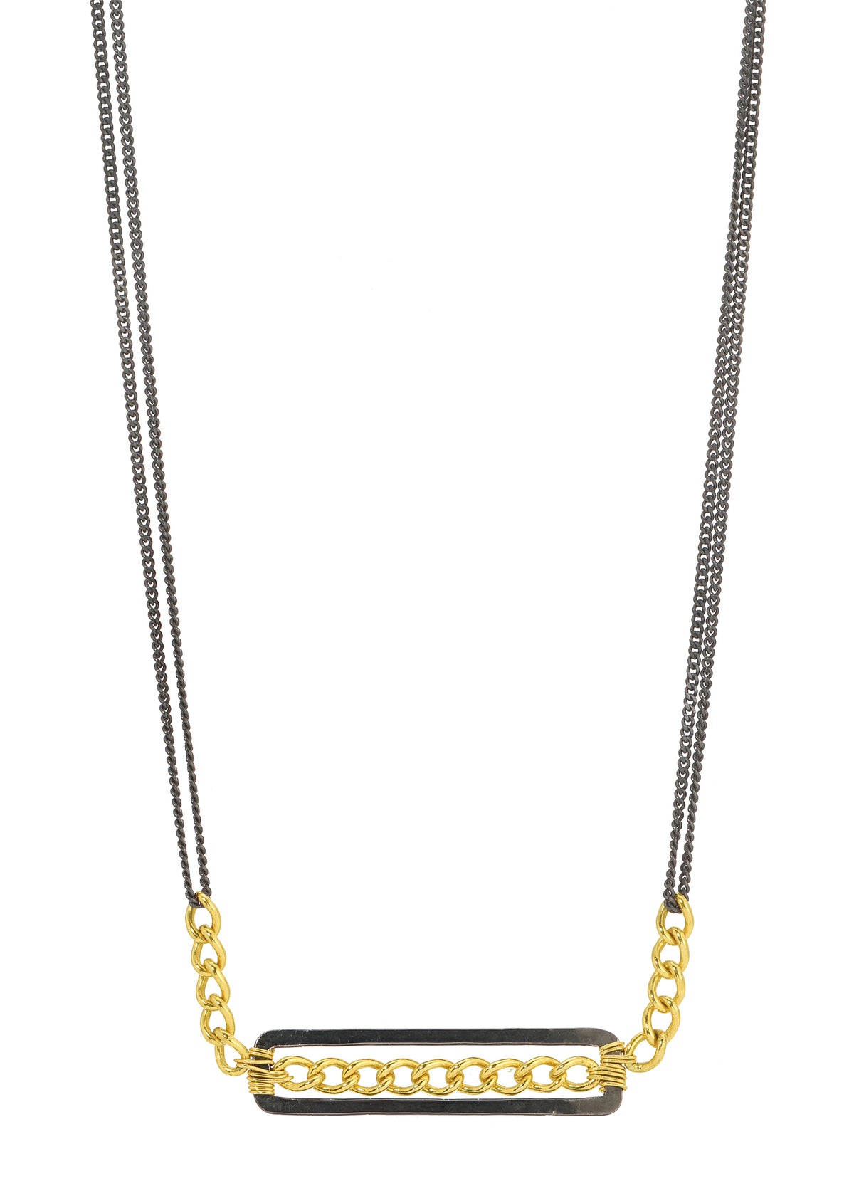 Through Line necklace in 14k gold fill and blackened sterling silver with mixed delicate and chunky chain links.