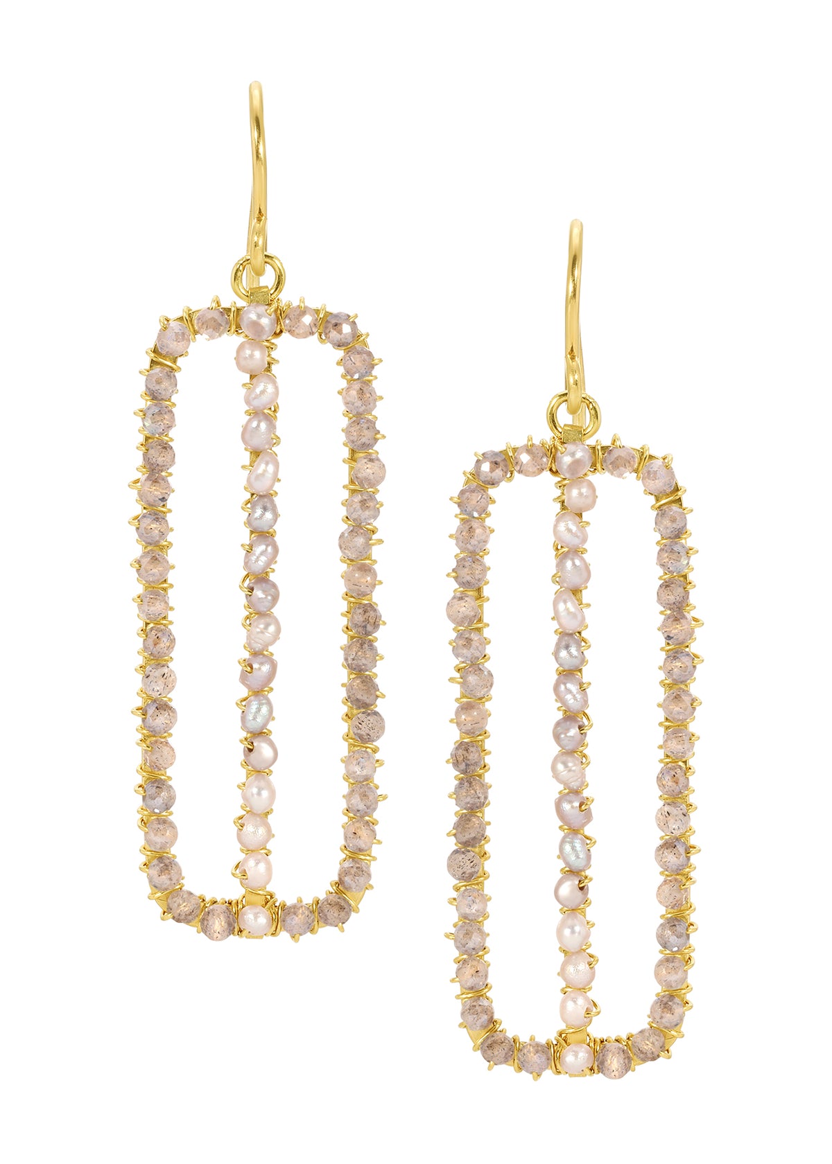 Labradorite and seed pearl earrings in 14k gold fill with hand wire-wrapped rectangular frames in gray and white.