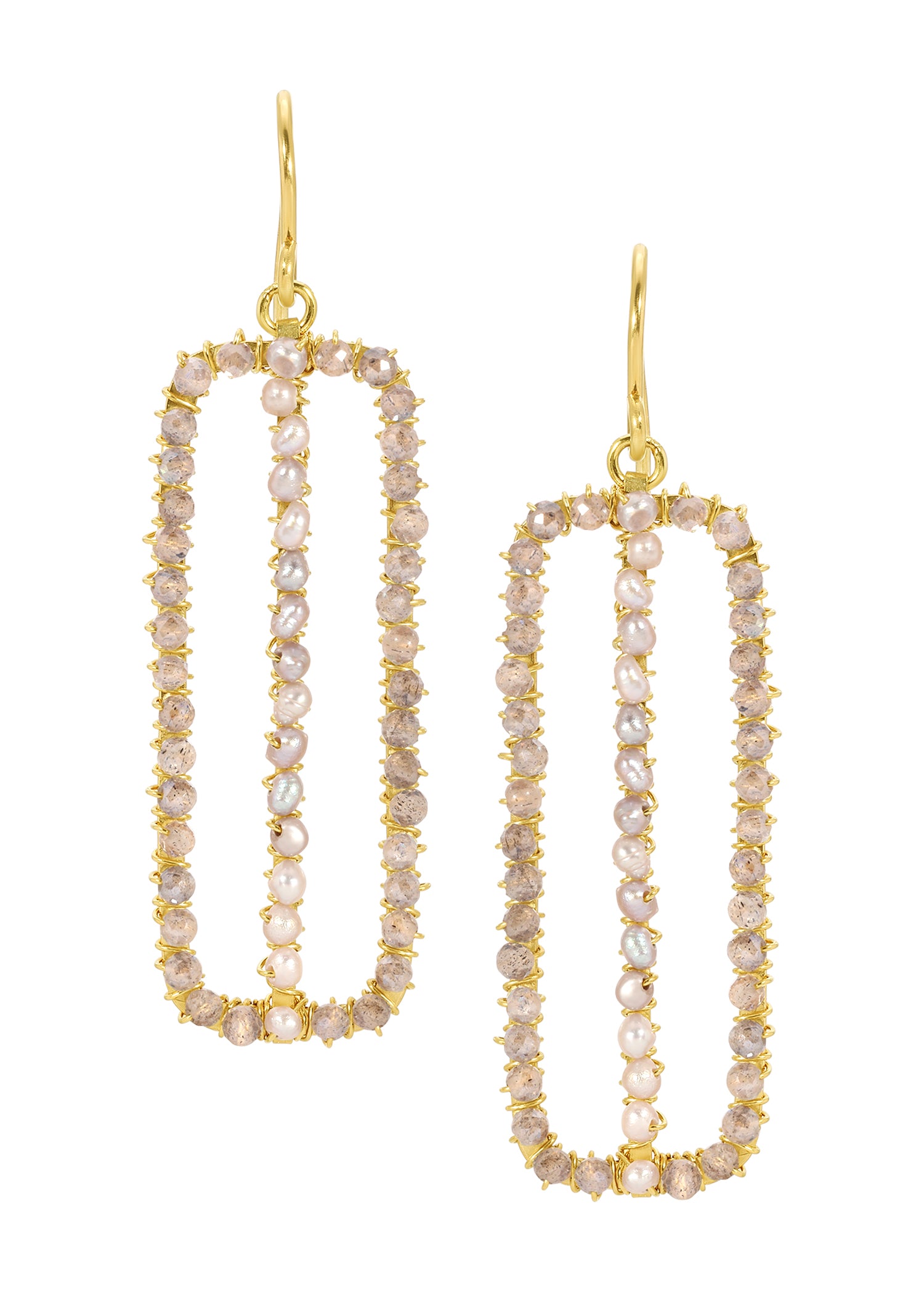 Labradorite and seed pearl earrings in 14k gold fill with hand wire-wrapped rectangular frames in gray and white.