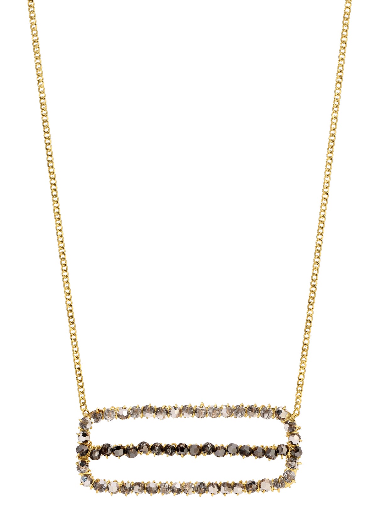 Tonal stripe necklace with two-toned crystals on 14k gold fill chain featuring a rectangular bar pendant design.