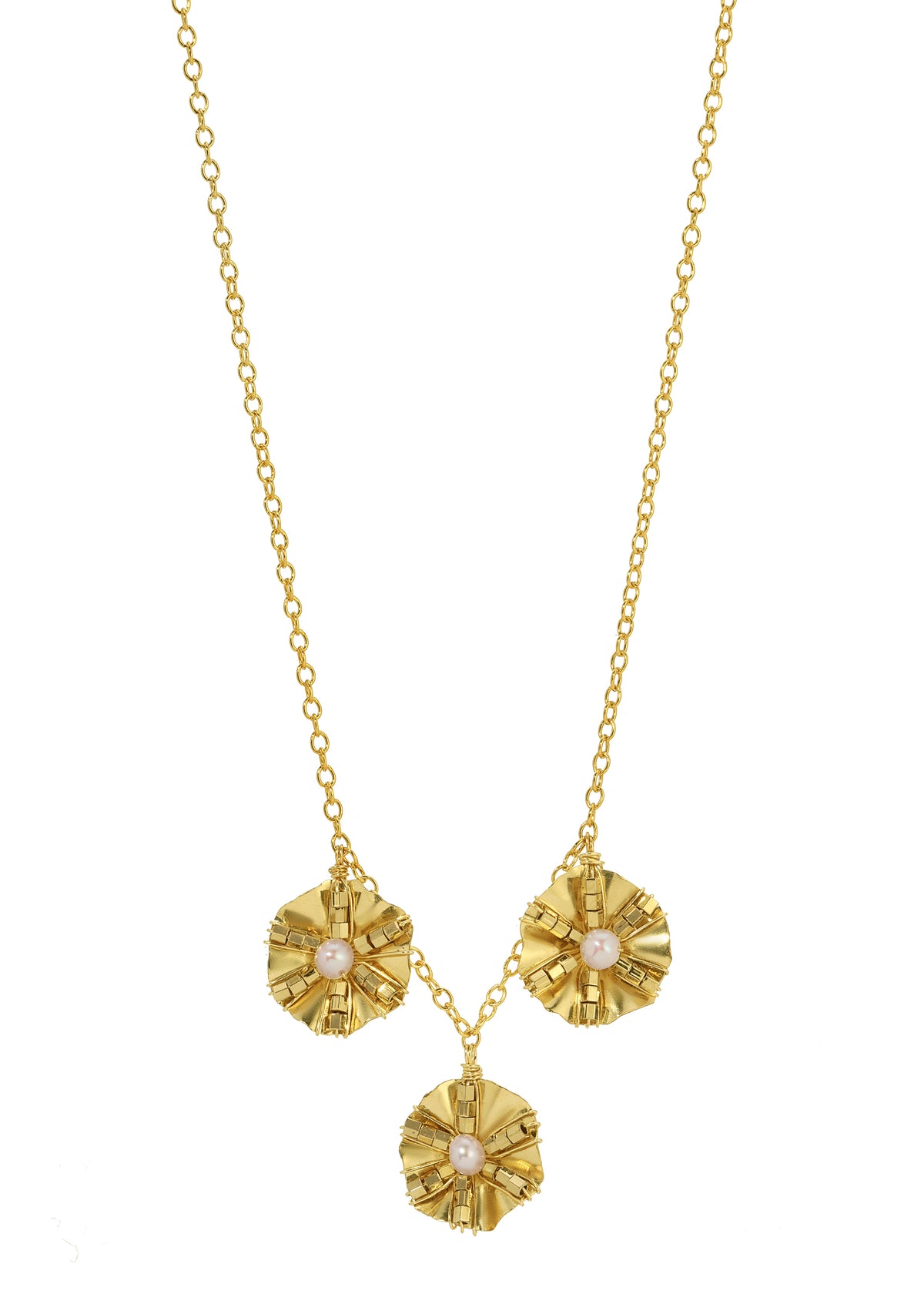 Freshwater pearl necklace in 14k gold fill with three hand-ruffled flower pendants on a delicate chain.