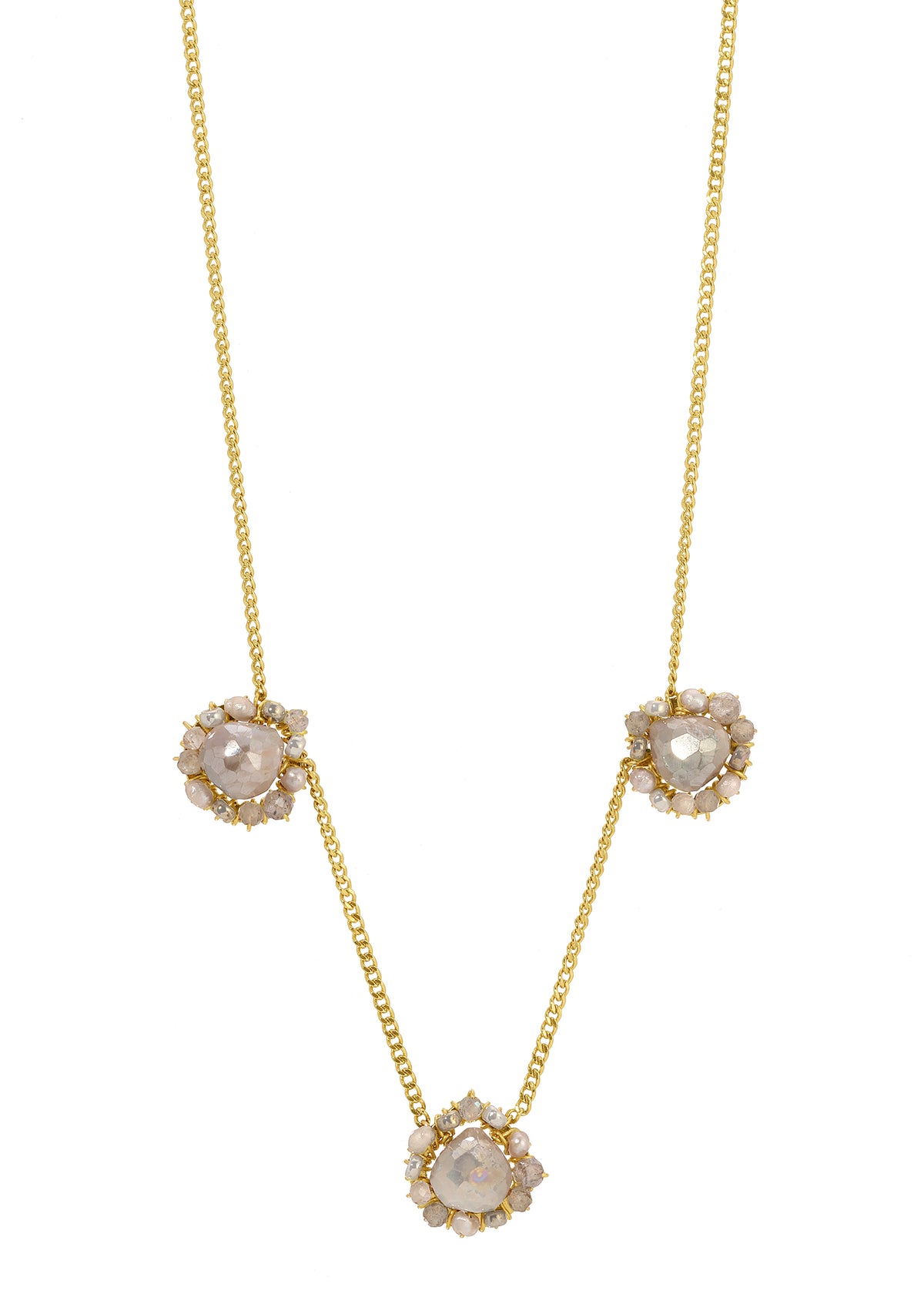 Triple shell cluster necklace with labradorite, seed pearls, and beads on a 14k gold fill chain.