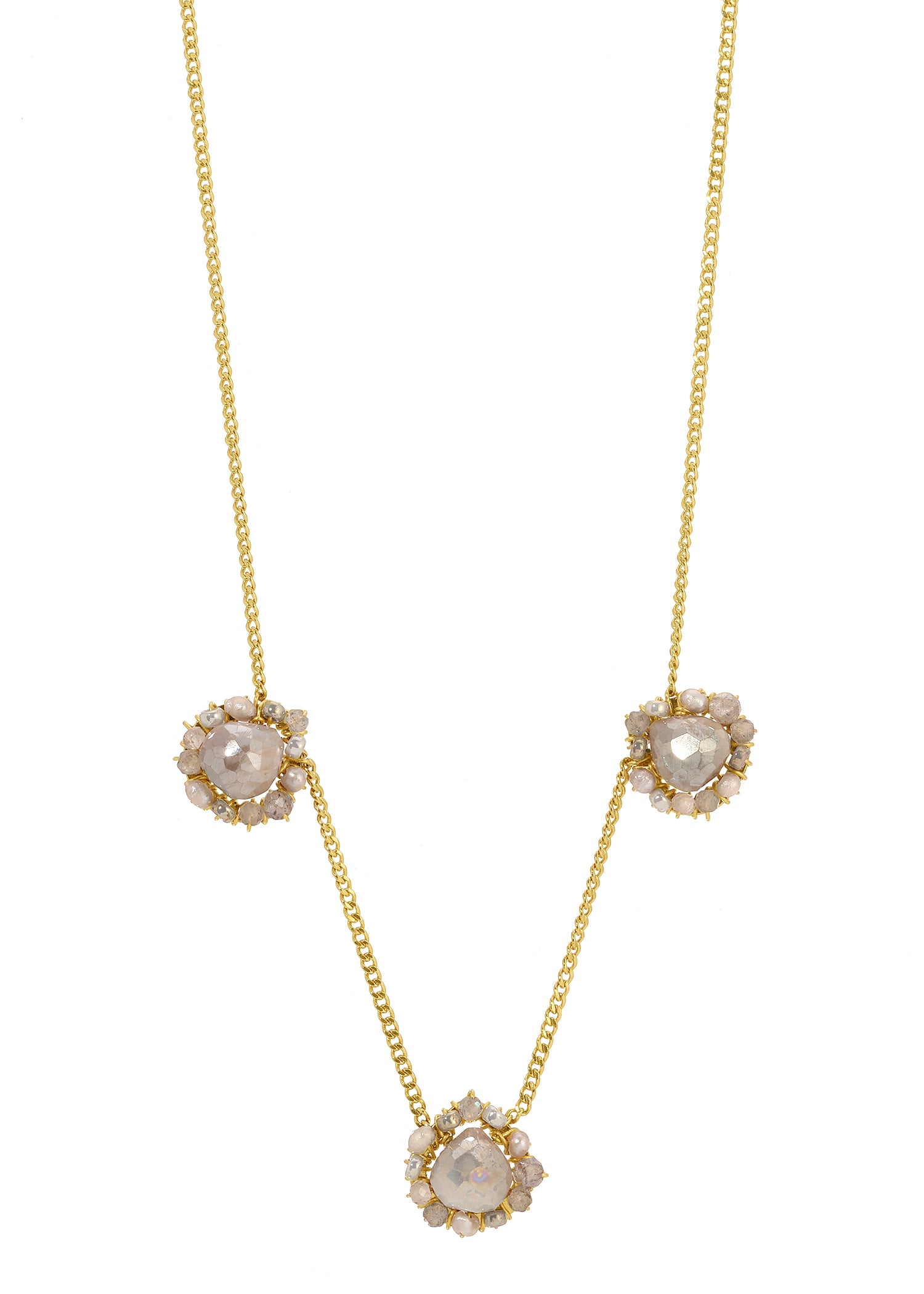 Triple shell cluster necklace with labradorite, seed pearls, and beads on a 14k gold fill chain.