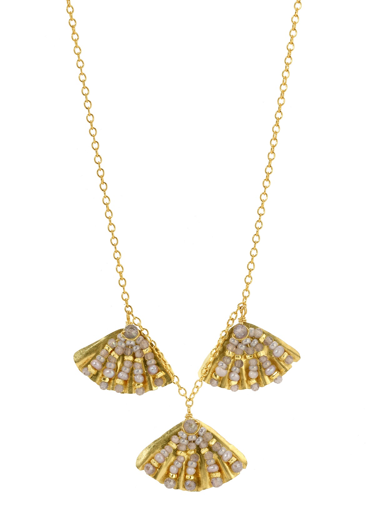 Triple shell necklace with labradorite, seed pearls, and beads on 14k gold fill chain with hand-wrought ruffled pendants.