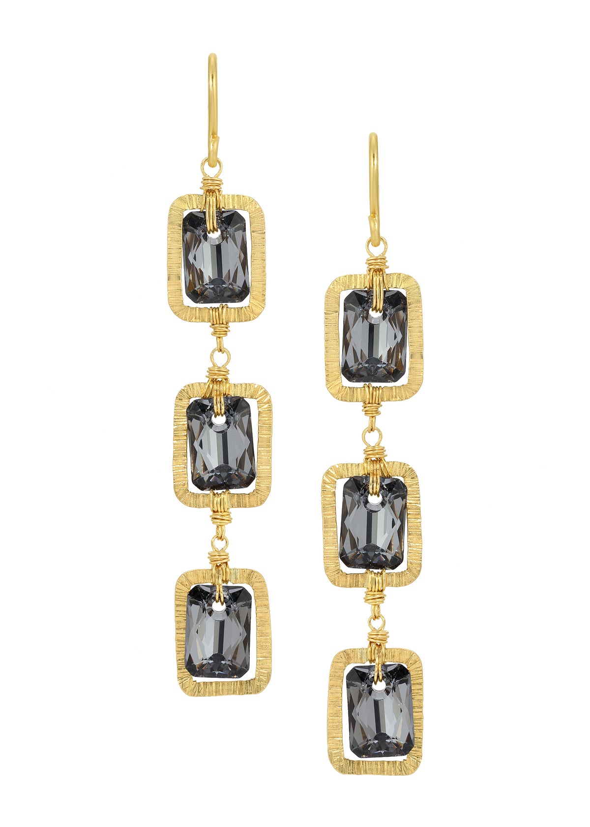 Triple stack earrings with charcoal crystals in hand-textured 14k gold fill frames with hand wire-wrapped details.