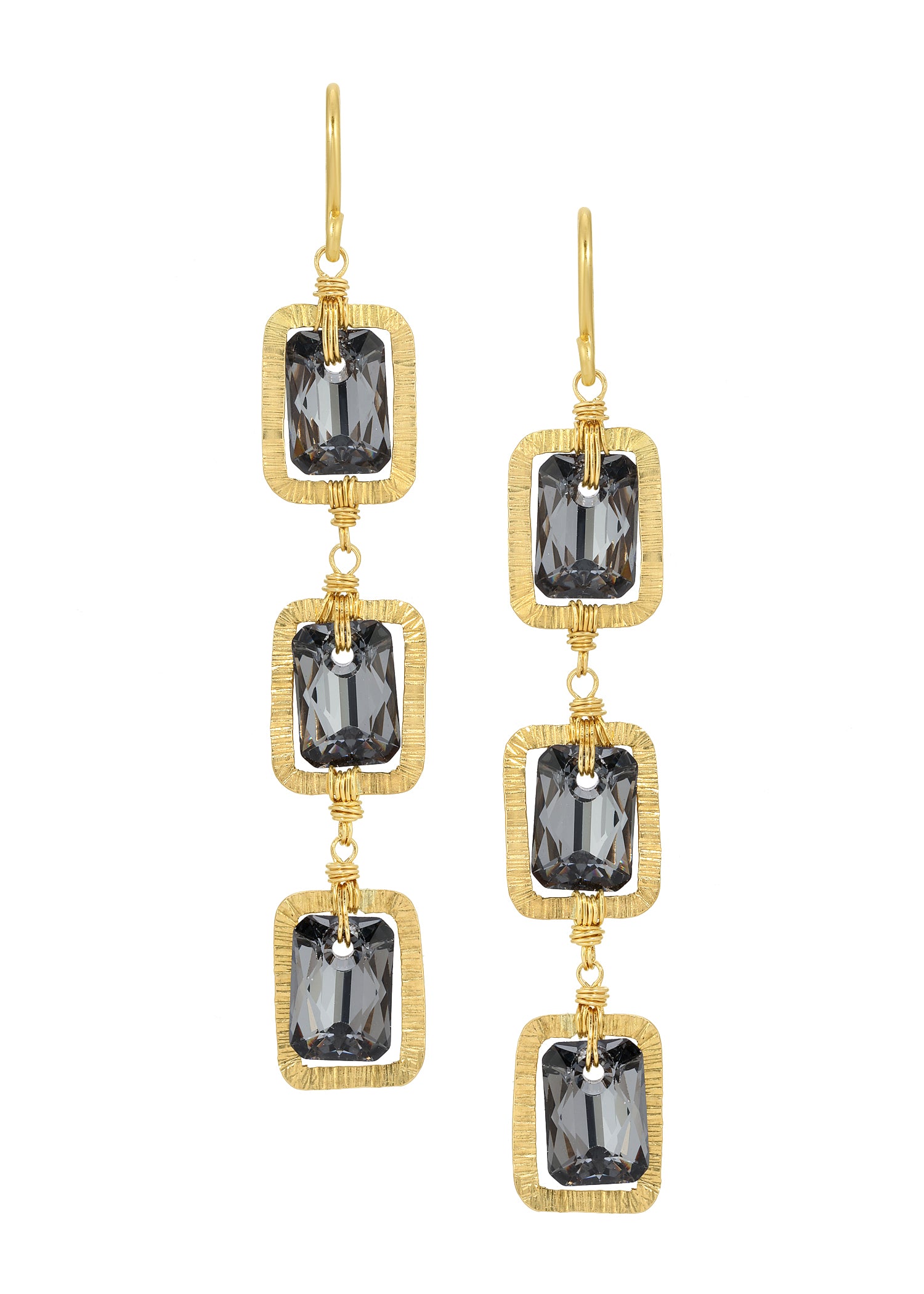 Triple stack earrings with charcoal crystals in hand-textured 14k gold fill frames with hand wire-wrapped details.