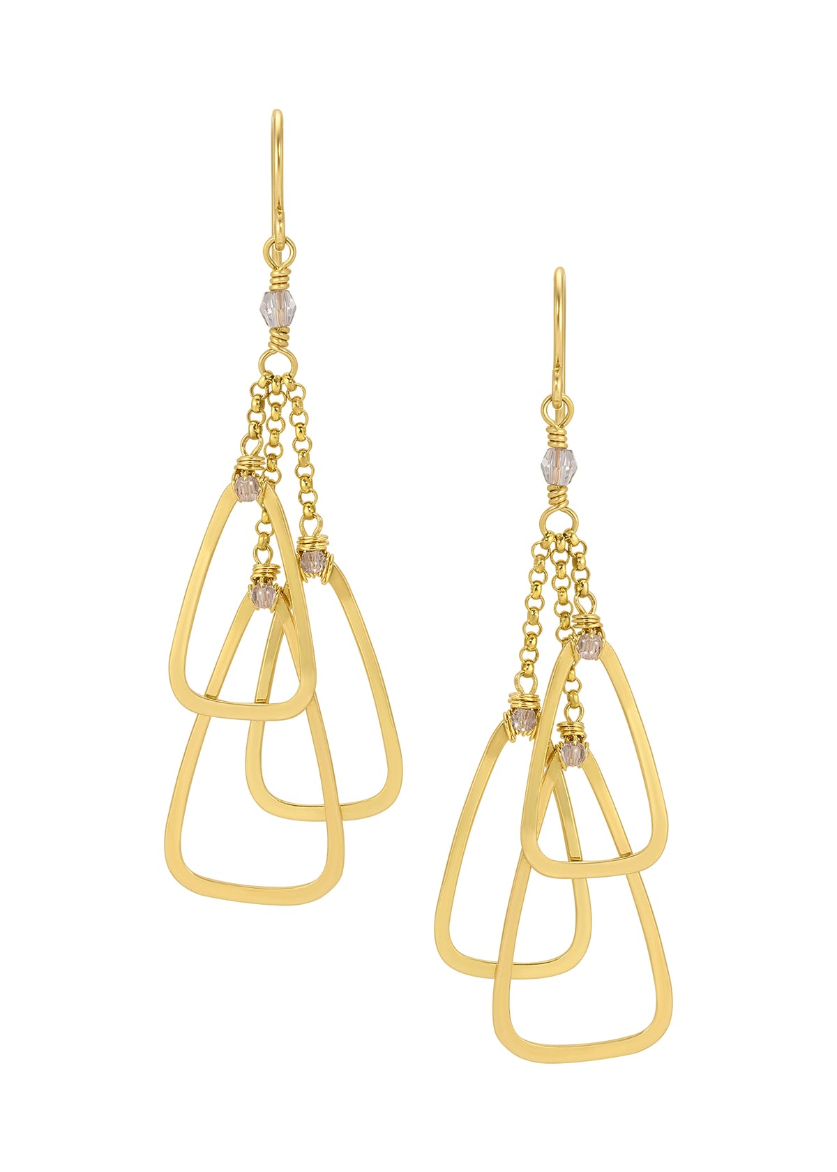 Triple triangle earrings with crystals in 14k gold fill, featuring hand wire-wrapped details and dangling chain links.