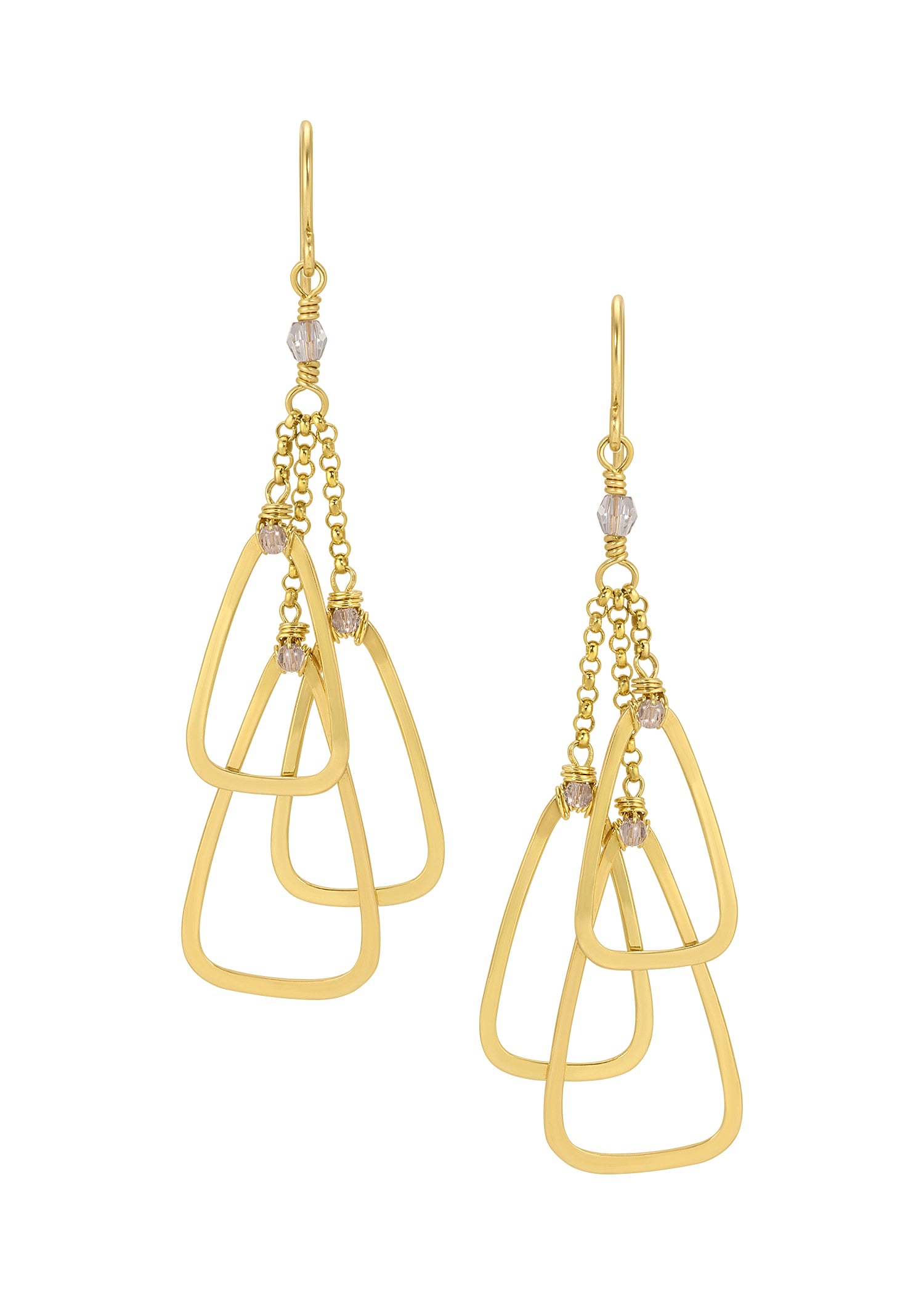 Triple triangle earrings with crystals in 14k gold fill, featuring hand wire-wrapped details and dangling chain links.