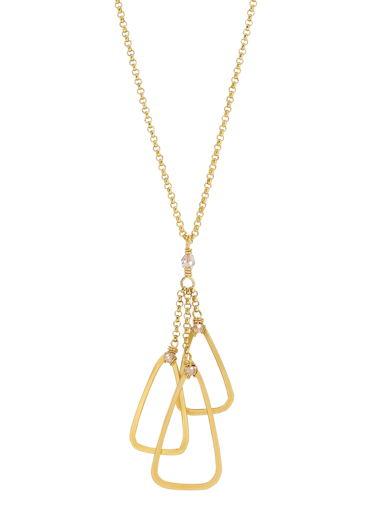 Triple triangle necklace with crystals in 14k gold fill on a delicate chain with three dangling geometric pendants.