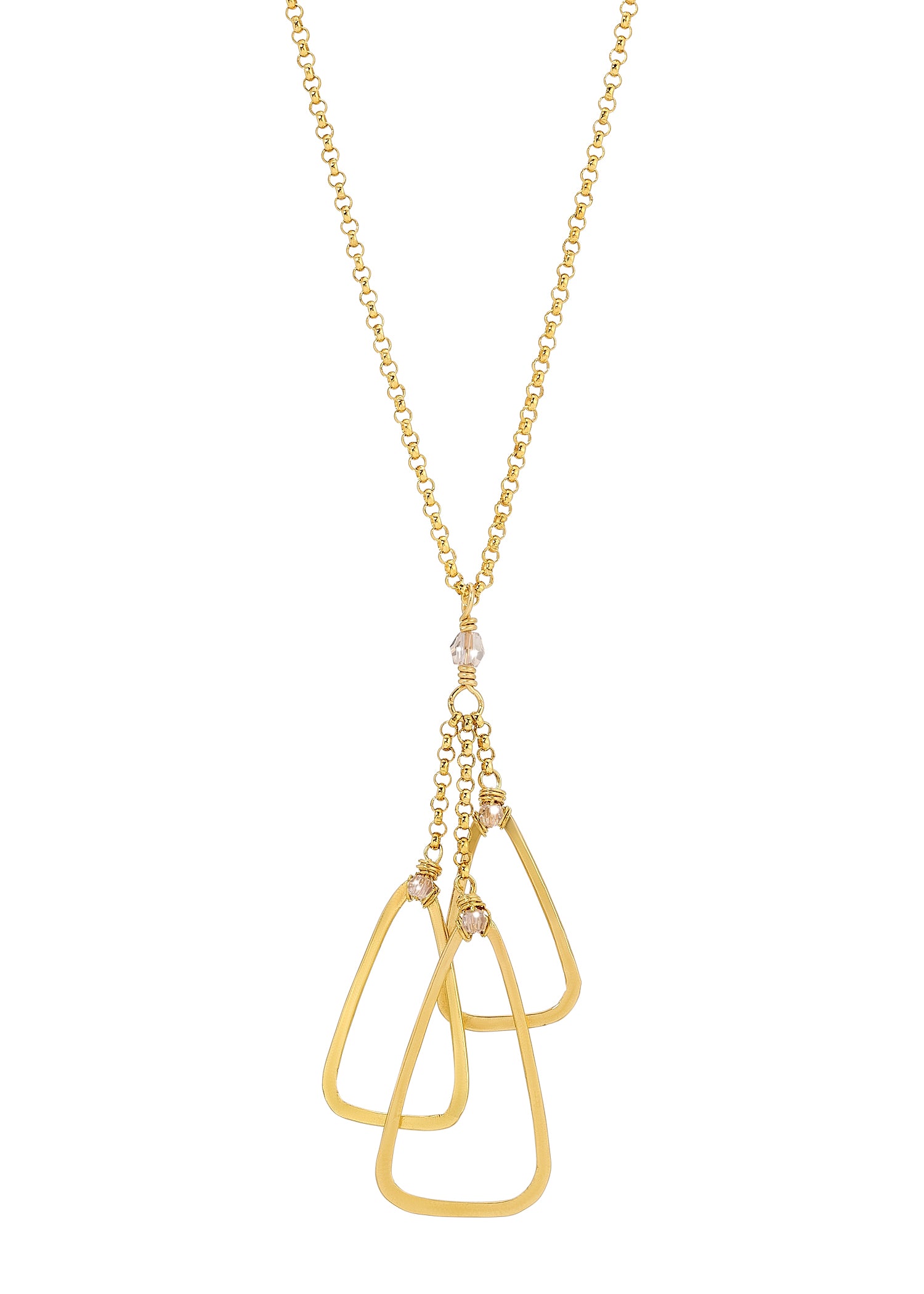 Triple triangle necklace with crystals in 14k gold fill on a delicate chain with three dangling geometric pendants.