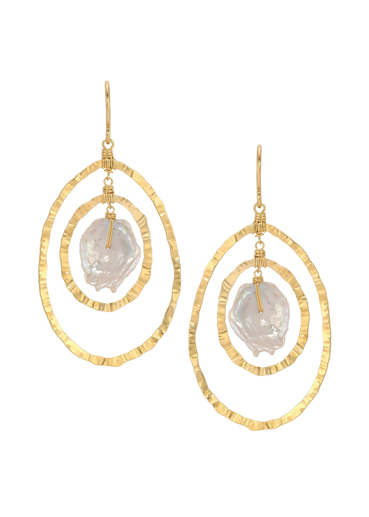 Two ring earrings with freshwater pearls in 14k gold fill featuring hand wire-wrapped, hand-textured organic oval shapes.