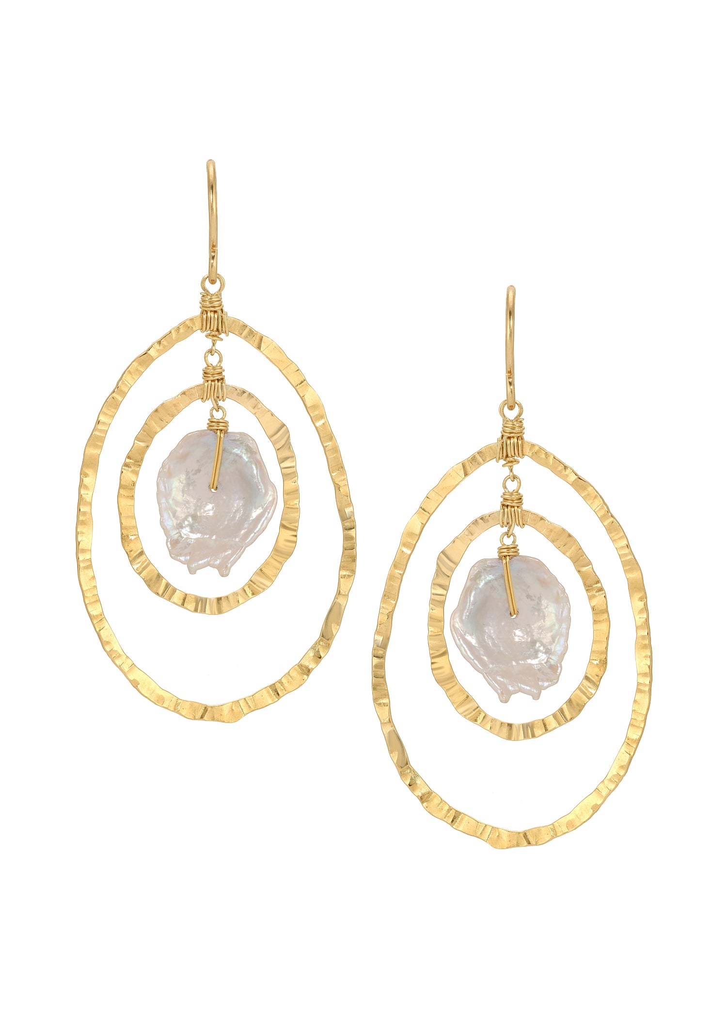 Two ring earrings with freshwater pearls in 14k gold fill featuring hand wire-wrapped, hand-textured organic oval shapes.