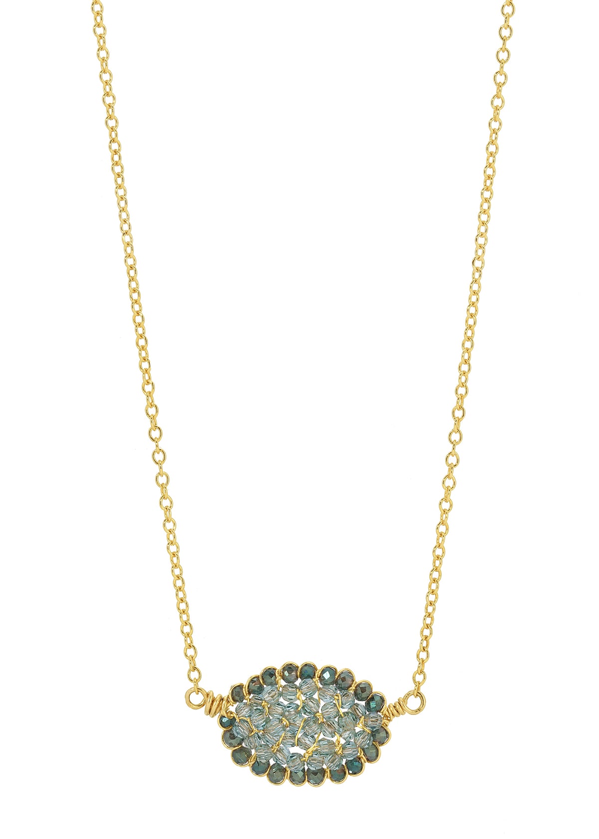 Mini mosaic necklace with sage and green crystals on a 14k gold fill chain, hand wire-wrapped in an oval shape.