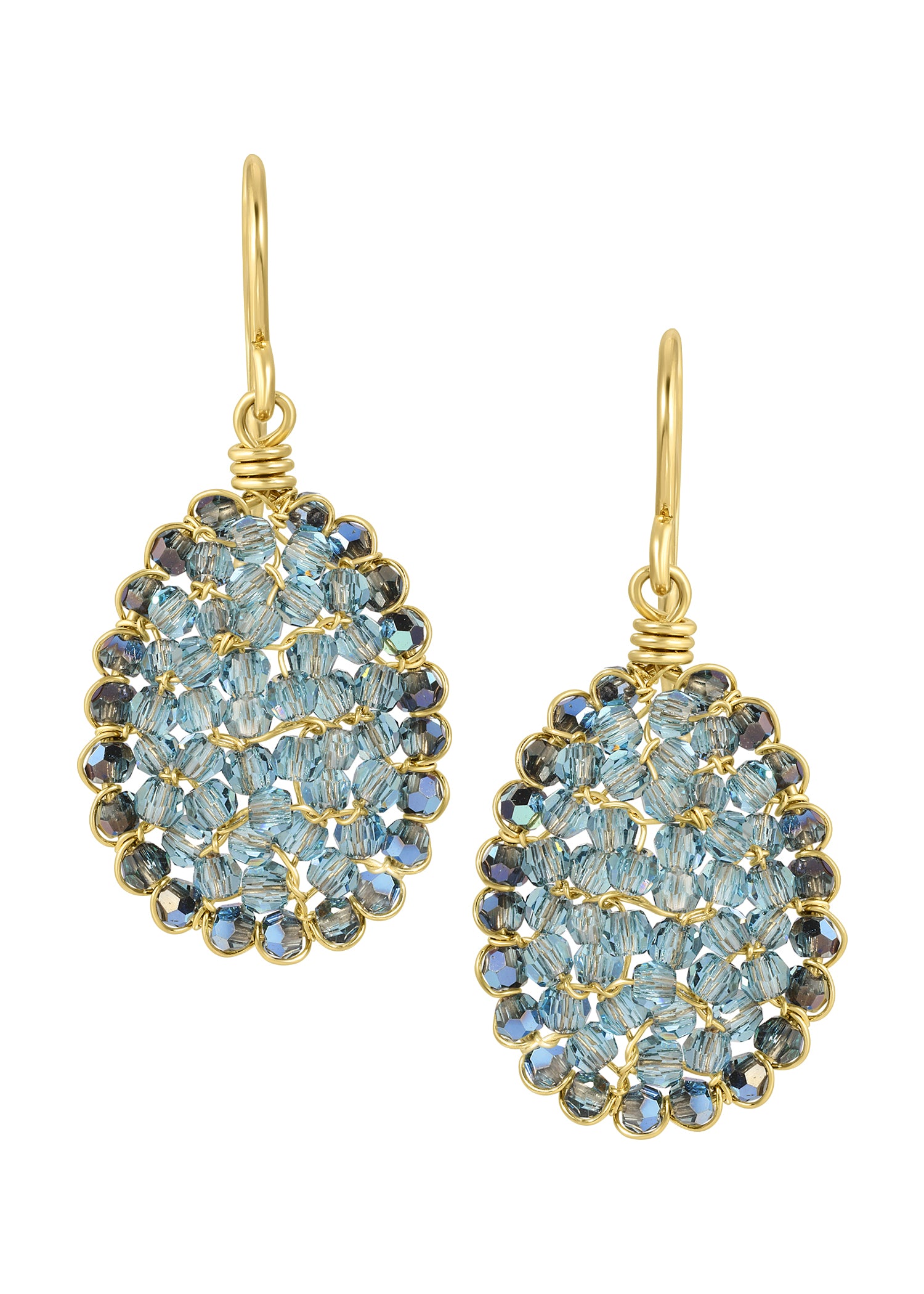 Two-toned mosaic crystal earrings in 14k gold fill with denim blue and indigo crystals, hand wire-wrapped in oval shapes.