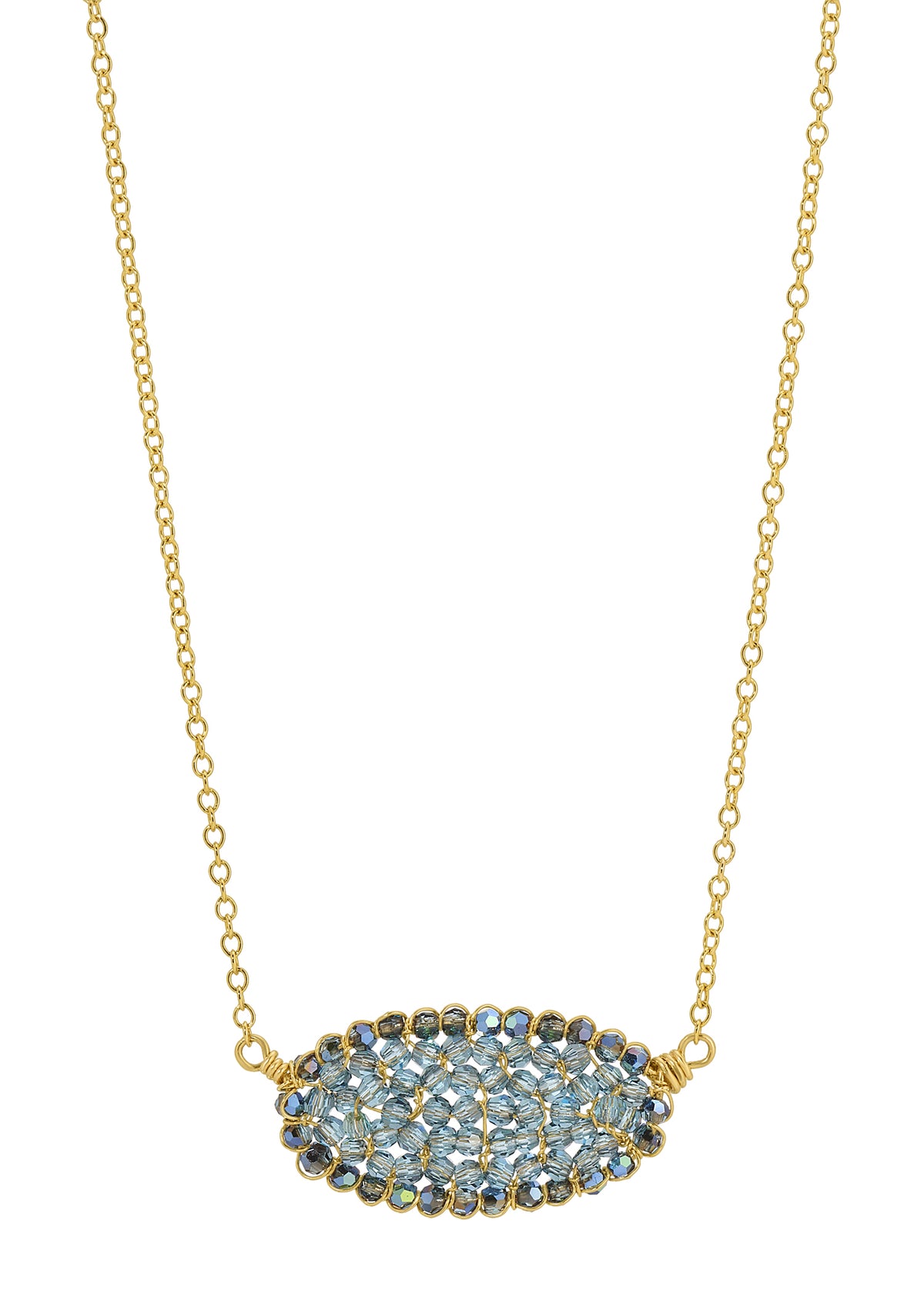 Two-toned mosaic crystal necklace in 14k gold fill with denim and indigo crystals in a hand wire-wrapped oval pendant.