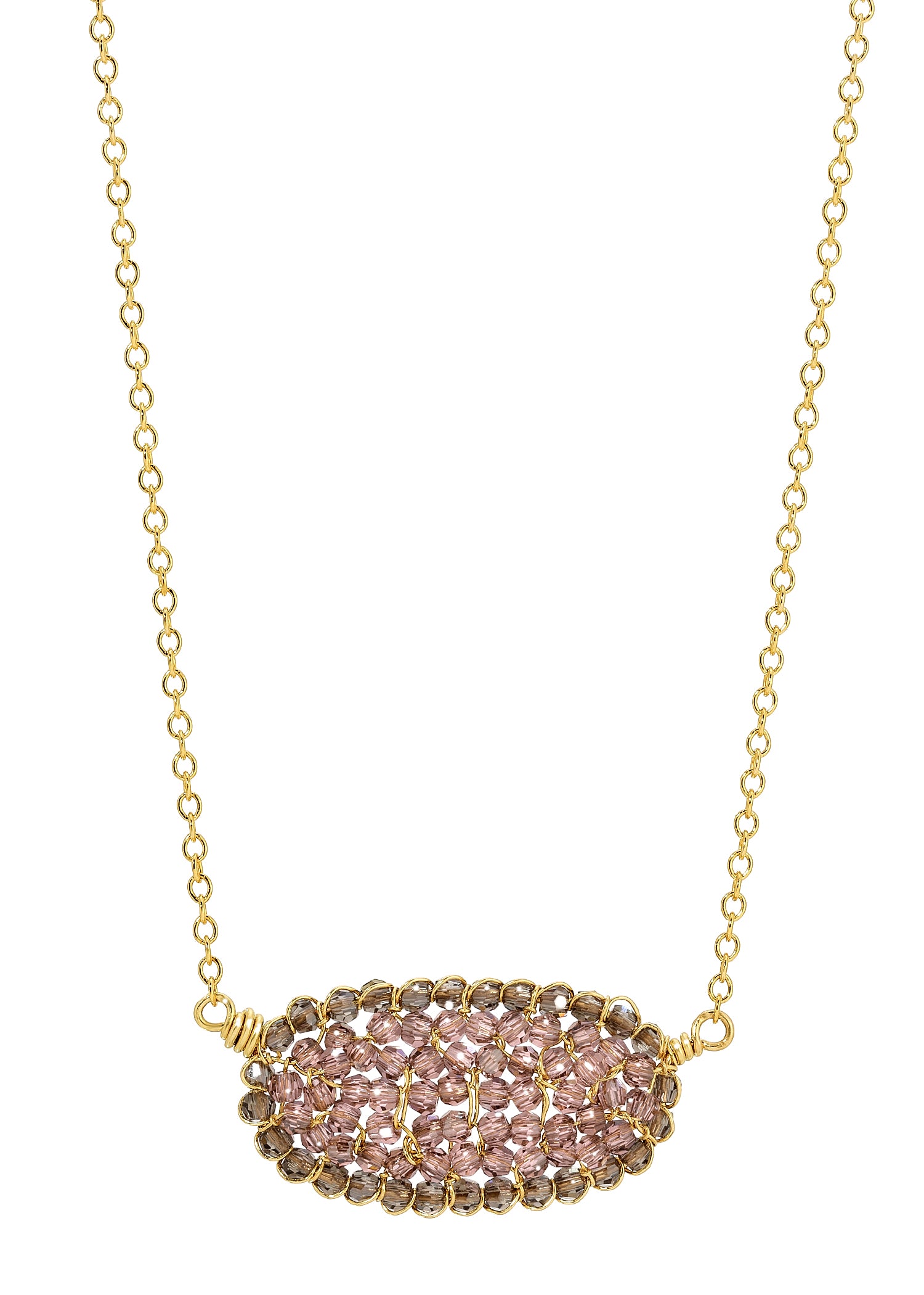 Oval mosaic necklace with blush and gray crystals, hand wire-wrapped in 14k gold fill on a delicate chain.
