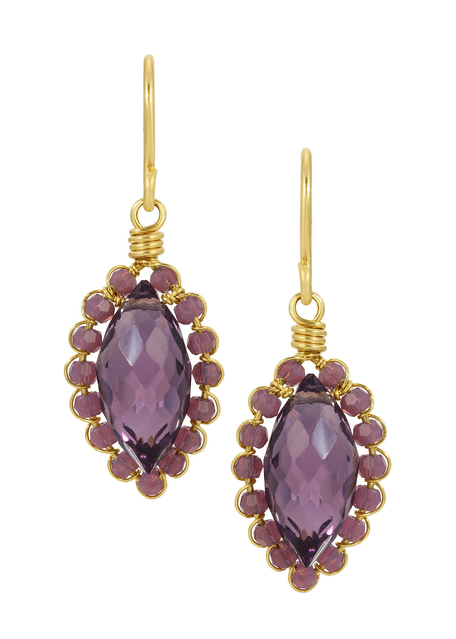 Purple quartz drop earrings in 14k gold fill with hand wire-wrapped marquis stones and small purple crystal accents.