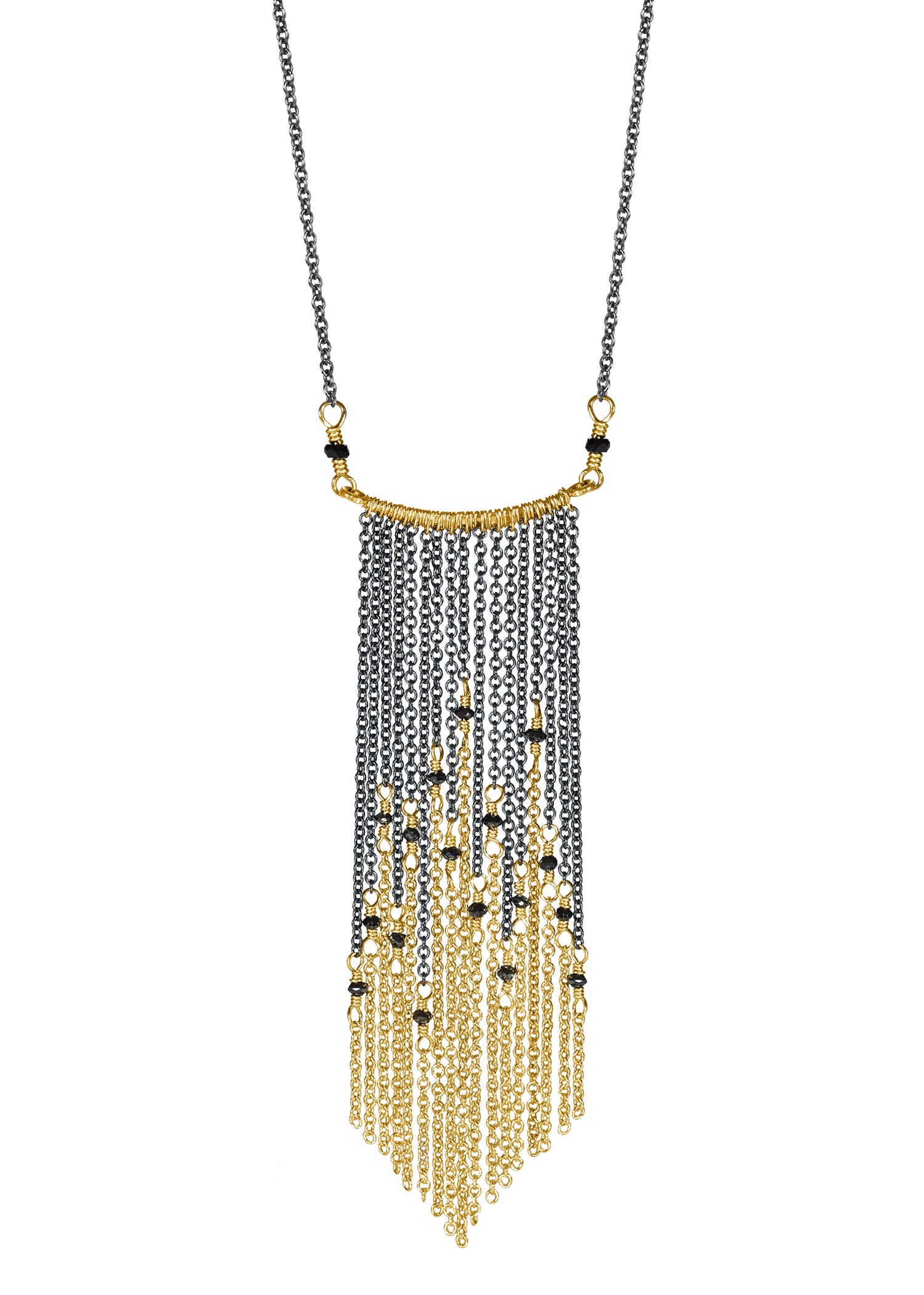 Black diamond 14k gold Blackened sterling silver Necklace measures 15" in length Chain pendant measures 2-1/2" in length and 7/8" in width at the widest point Handmade in our Los Angeles studio